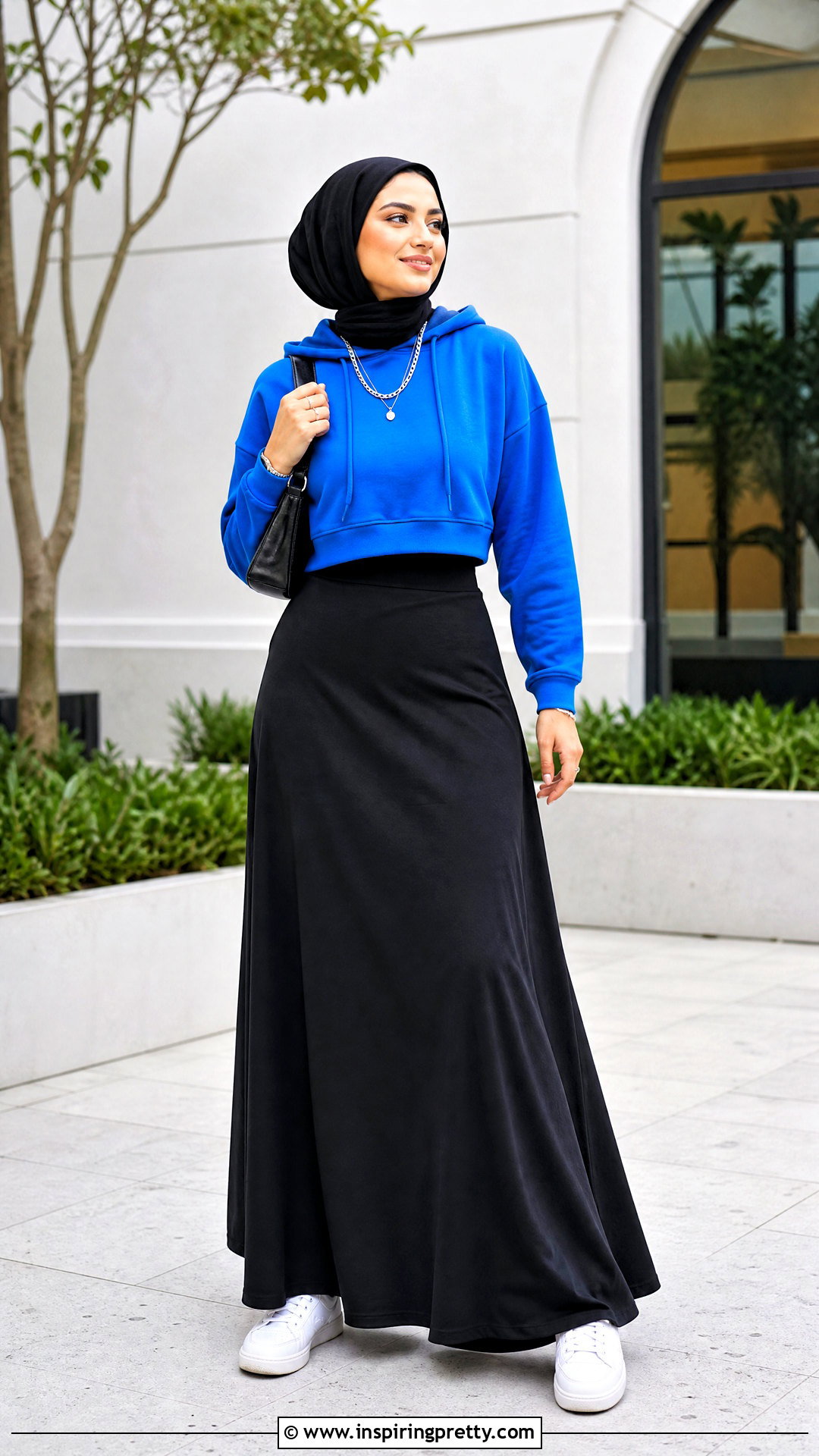 Blue Crop Hoodie With Black Maxi Skirt - 25 blue crop top hoodie outfit ideas