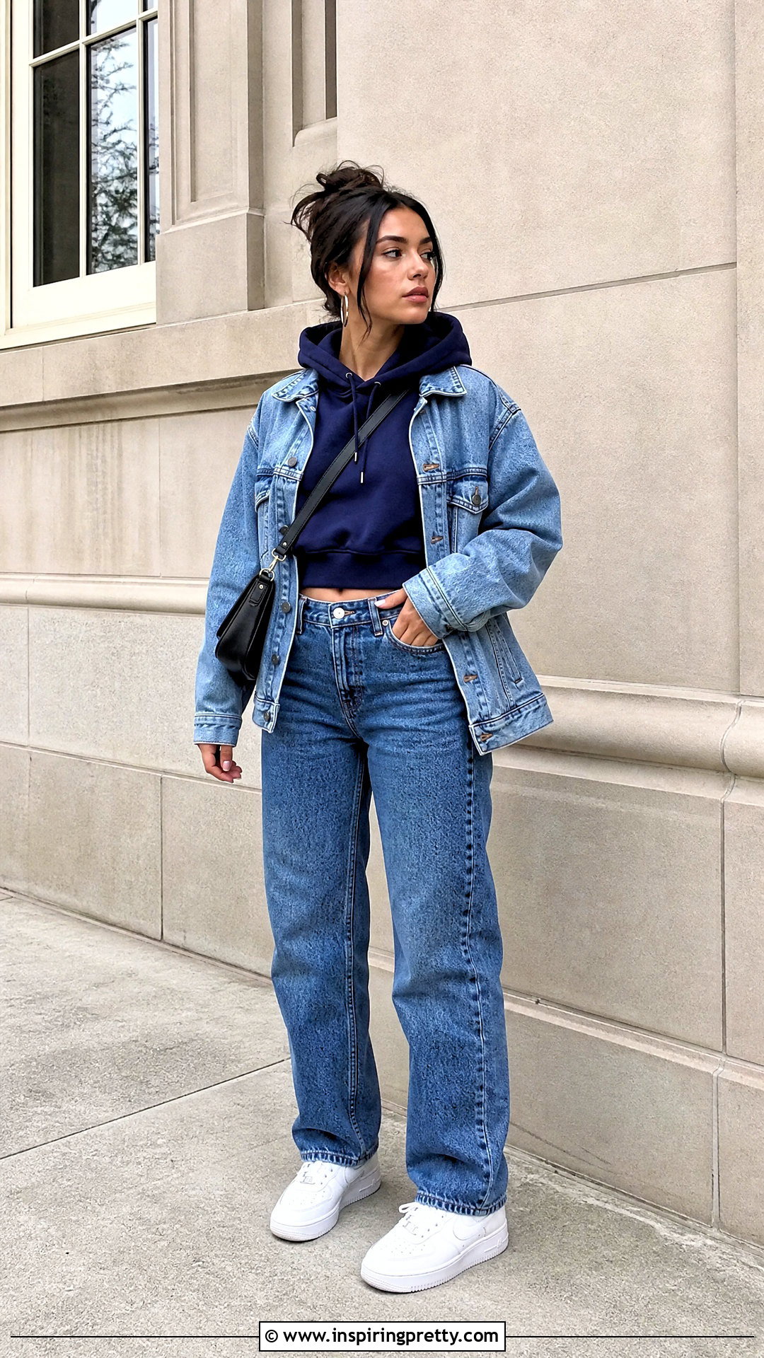Blue Crop Hoodie With Denim Jacket And Jeans - 25 blue crop top hoodie outfit ideas