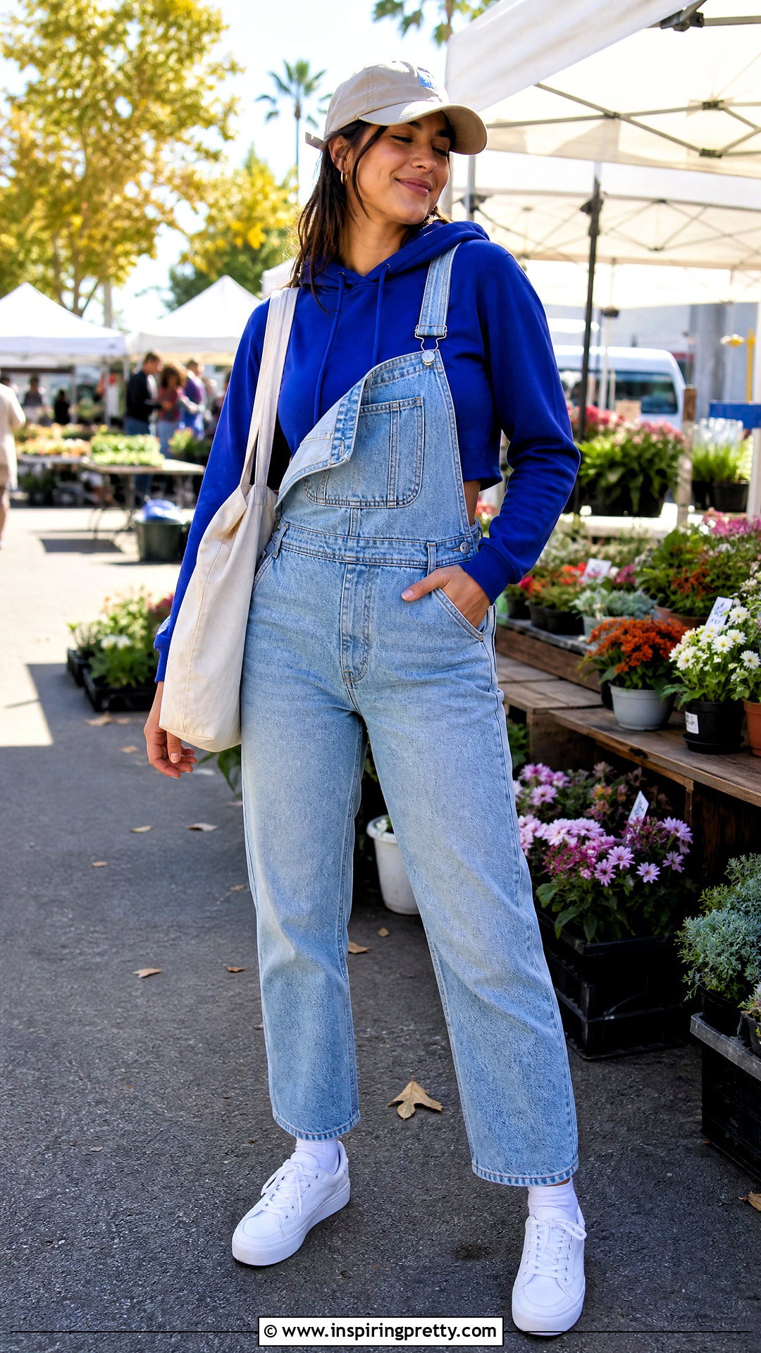 Blue Crop Hoodie With Denim Overalls And Sneakers - 25 blue crop top hoodie outfit ideas