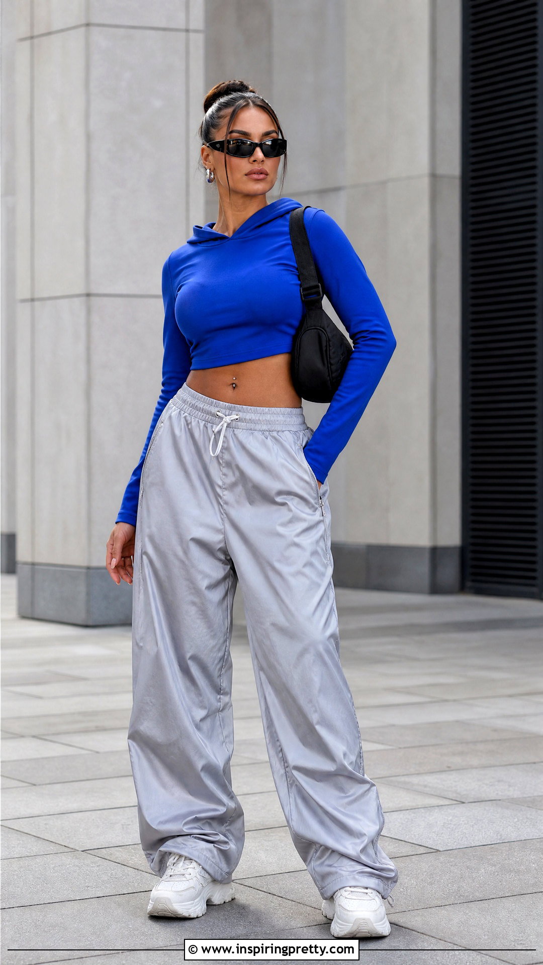 Blue Crop Hoodie With Parachute Pants - 25 blue crop top hoodie outfit ideas