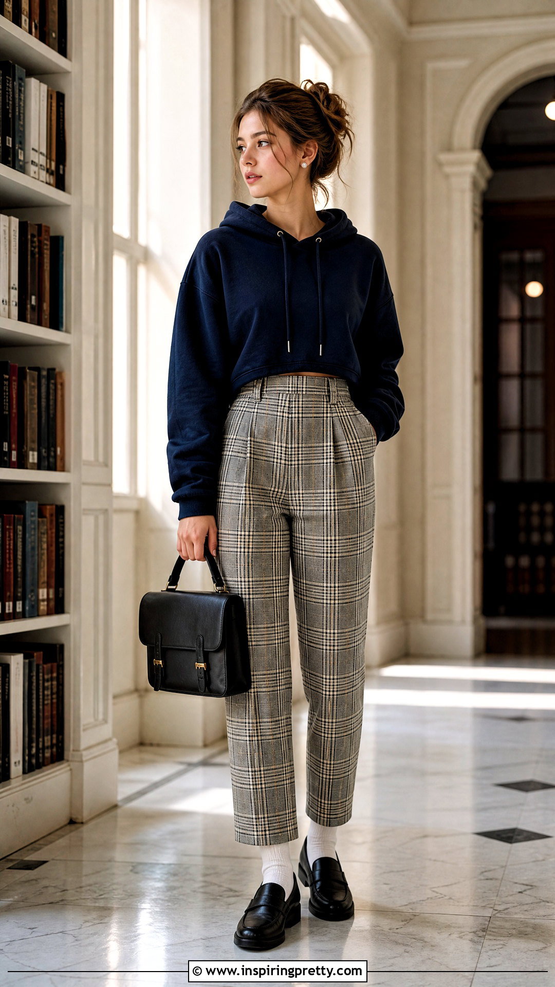 Blue Crop Hoodie With Plaid Pants And Loafers - 25 blue crop top hoodie outfit ideas