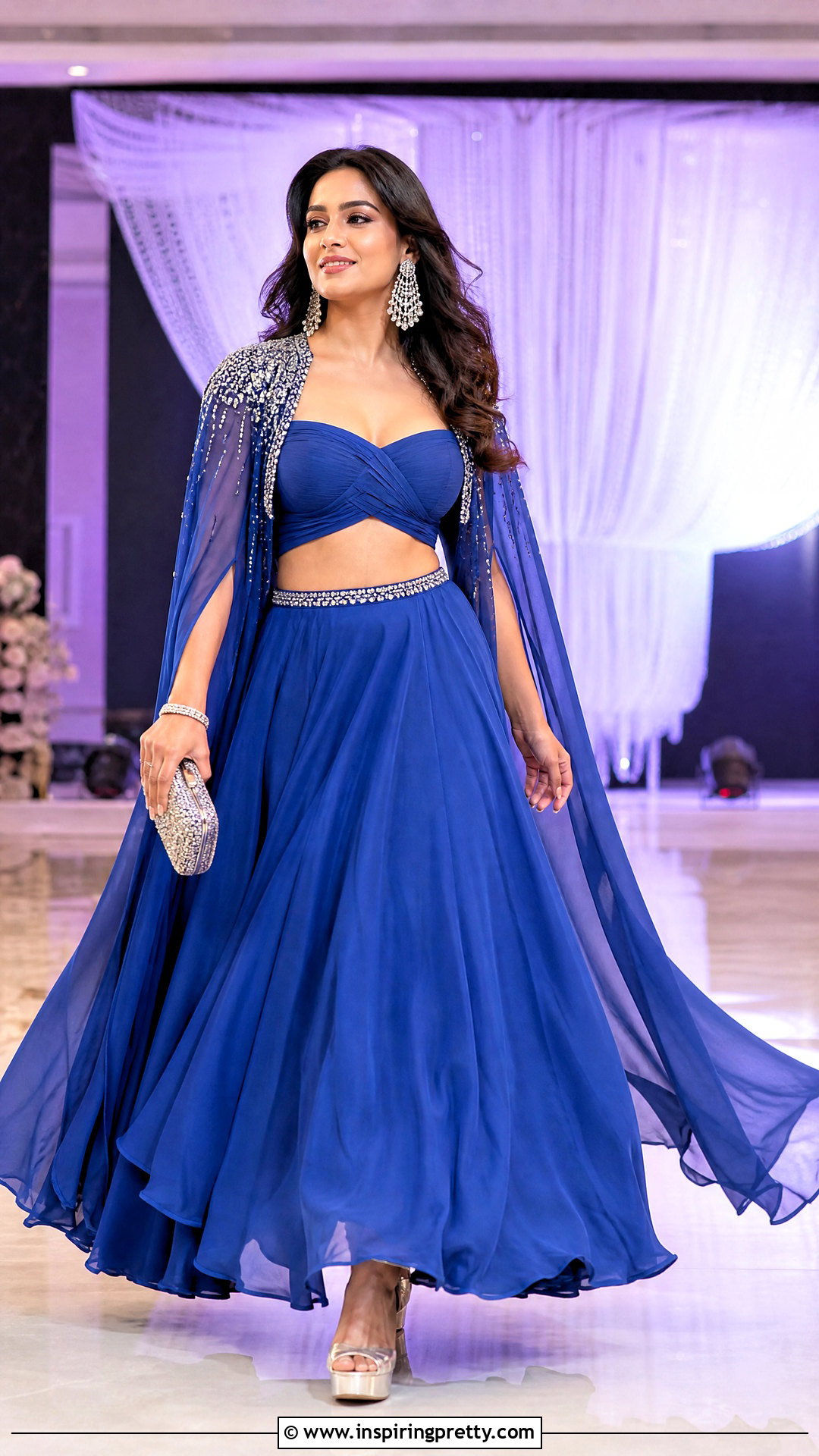 Blue Crop Top Lehenga With Cape Jacket - 50 crop top lehenga with jacket outfit ideas