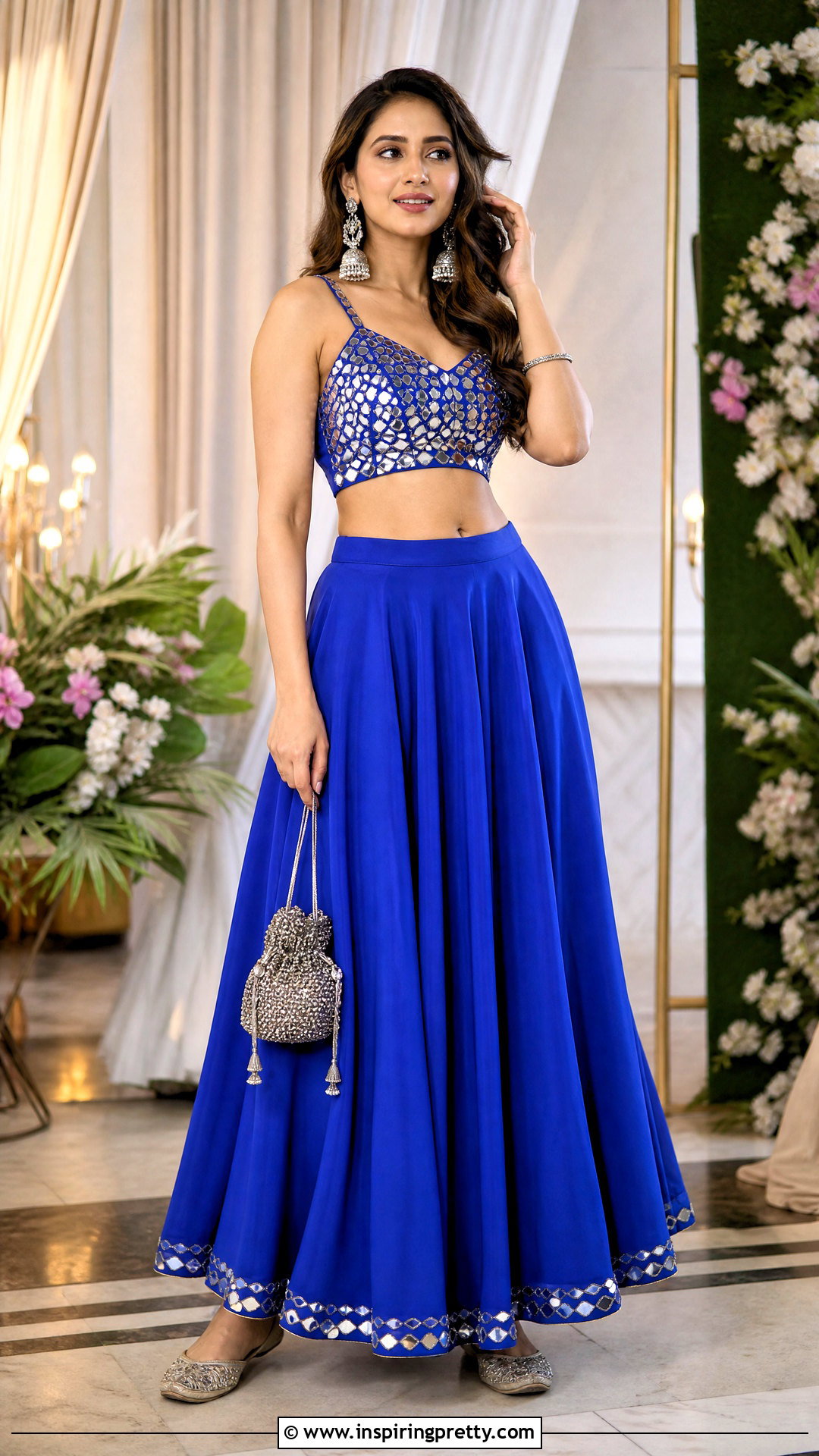 Blue Crop Top Lehenga With Mirror Work - 20 crop top lehenga simple outfit ideas