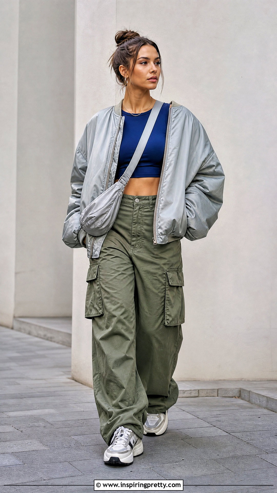 Blue Crop Top With Bomber Jacket And Cargo Pants - 50 blue crop top outfit ideas