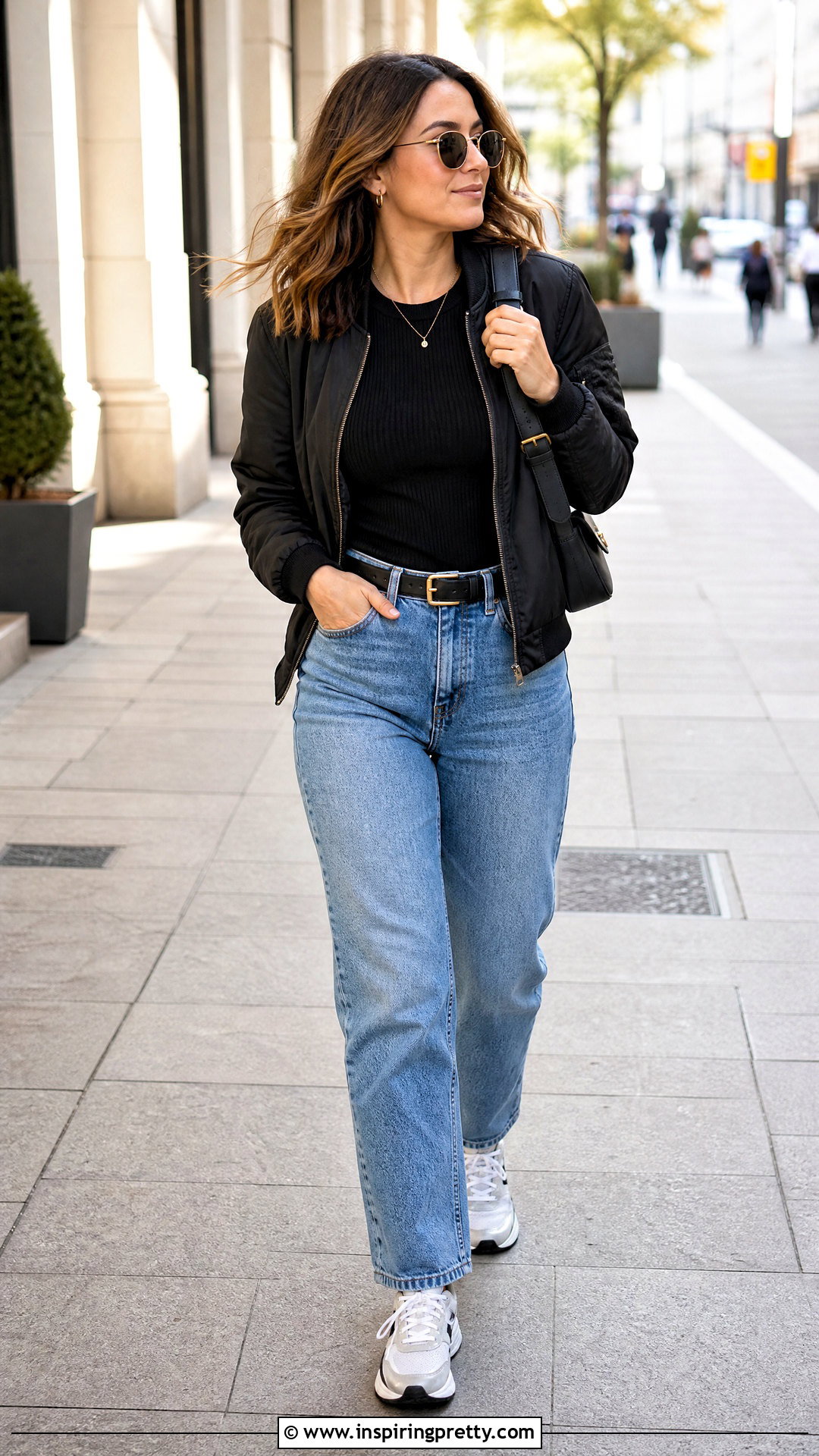 Blue Dad Jeans And Black Ribbed Long Sleeve Top Outfit - 50 blue jeans and black top outfit ideas