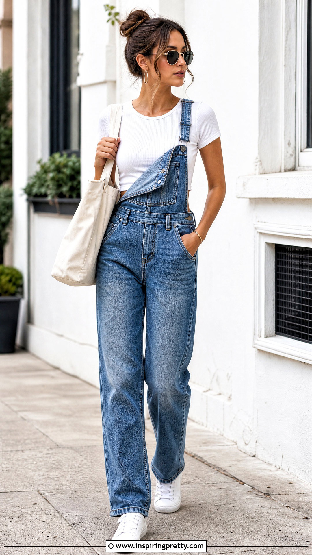 Blue Denim Overalls With White Crop Top - 25 crop top overalls outfit ideas