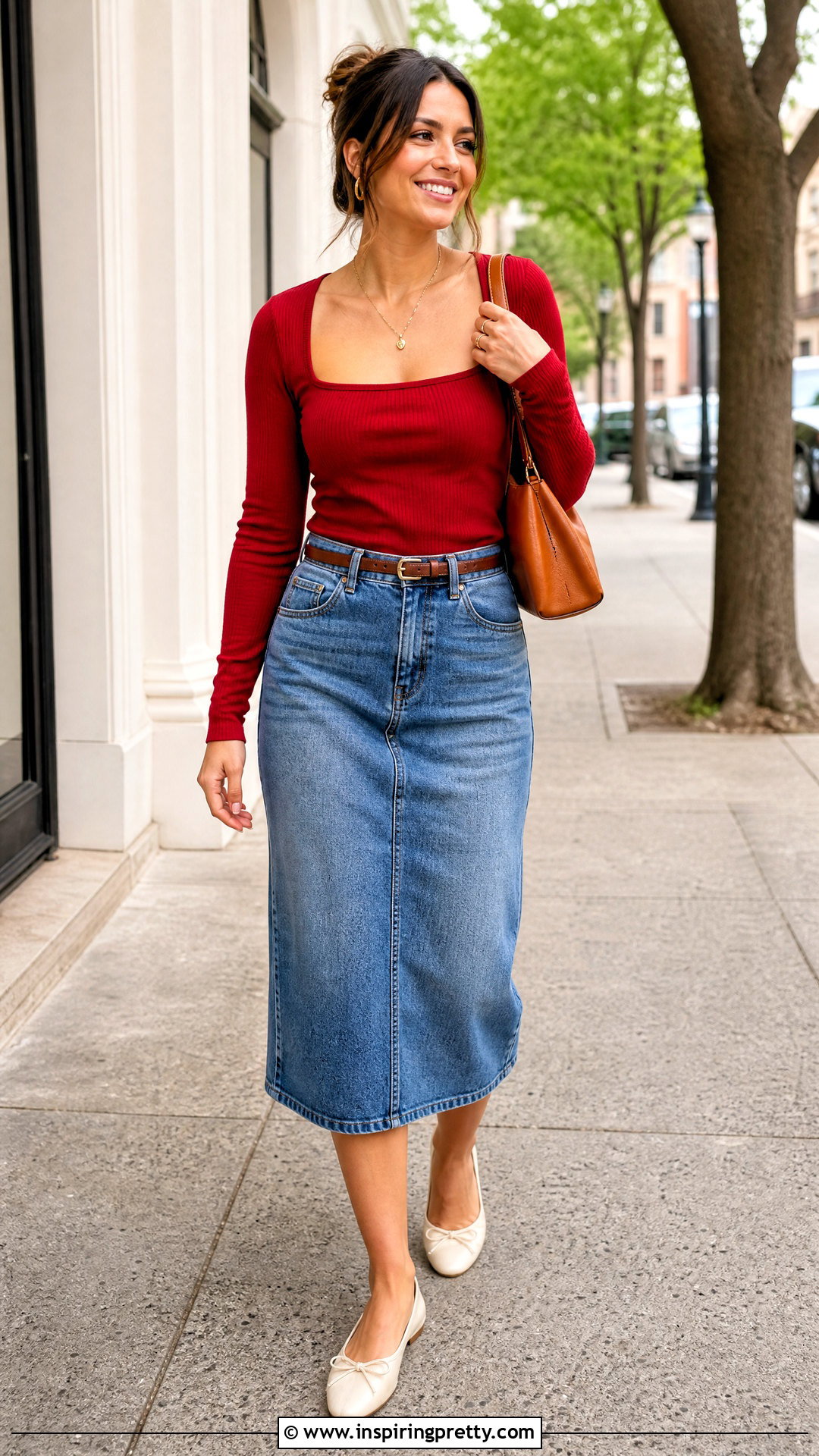 Blue Denim Skirt And Red Top Outfit - 50 denim skirt and top outfit ideas