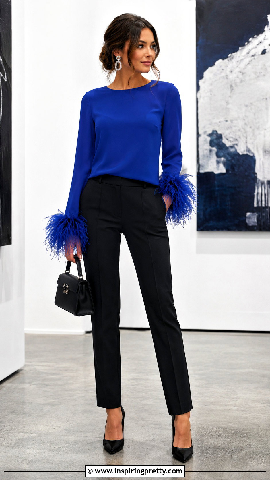 Blue Feather Top With Black Trousers - 50 feather top outfit ideas
