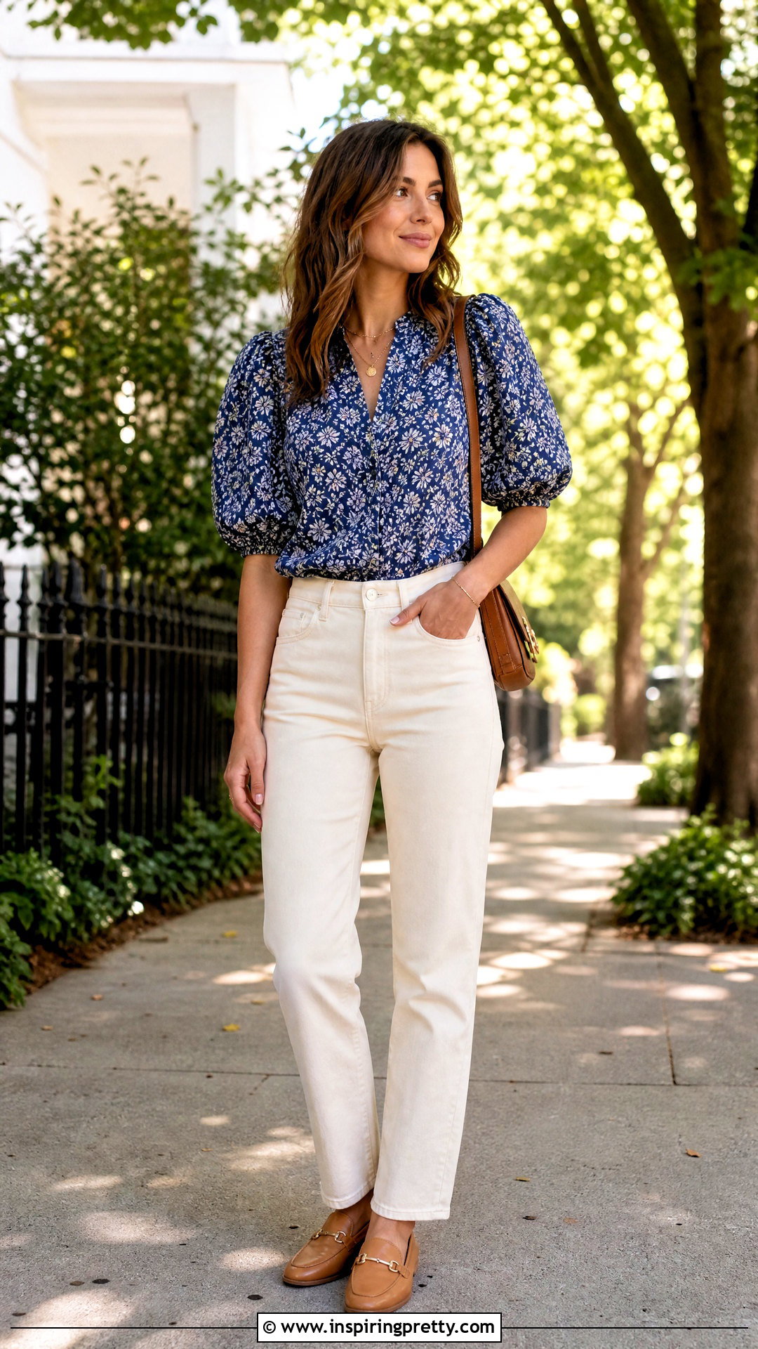 Blue Floral Blouse With Ecru Jeans - 20 blue top fashion style ideas