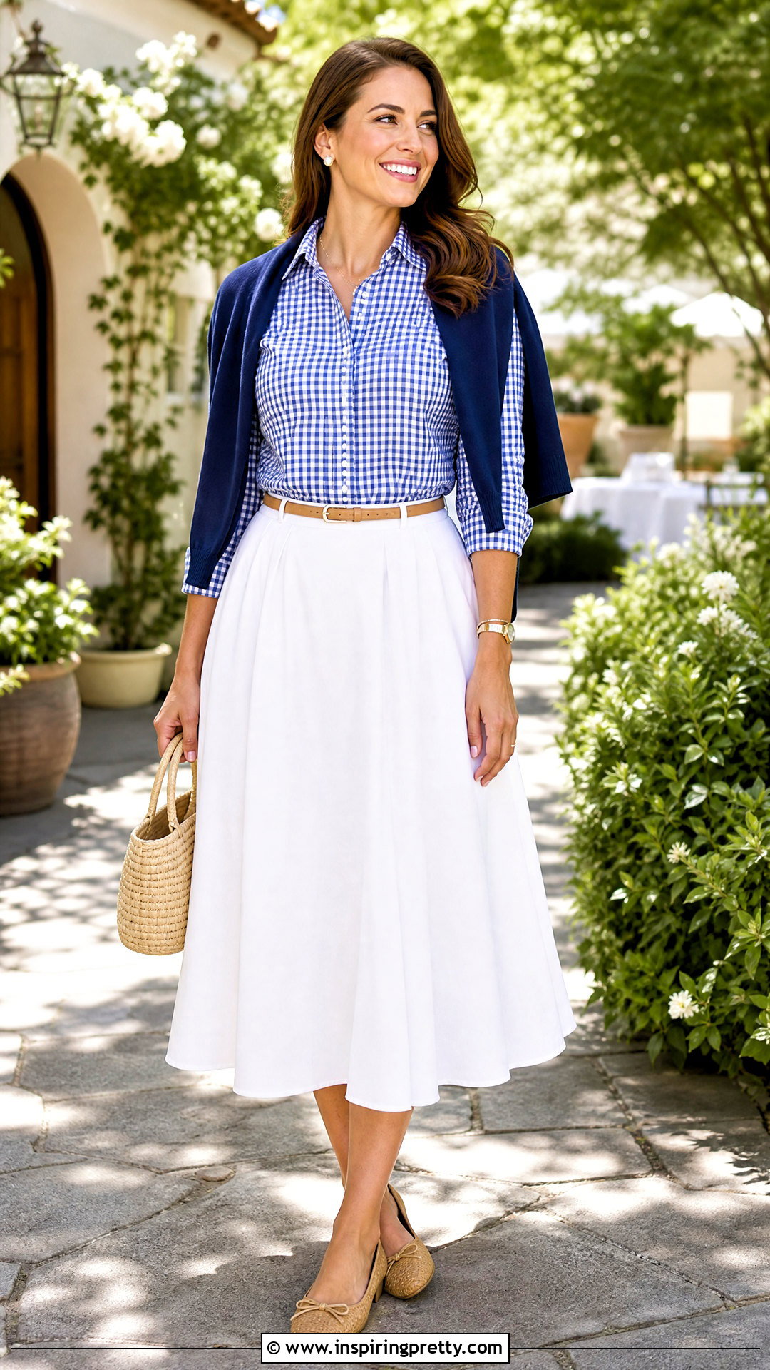Blue Gingham Top With White Midi Skirt - 20 Preppy Blue Top outfit ideas