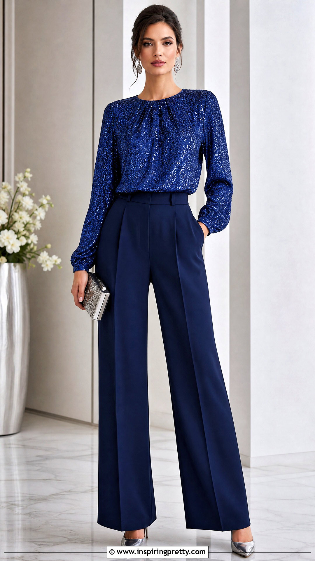 Blue Glitter Top With Navy Trousers - 20 ladies glitter tops outfit ideas
