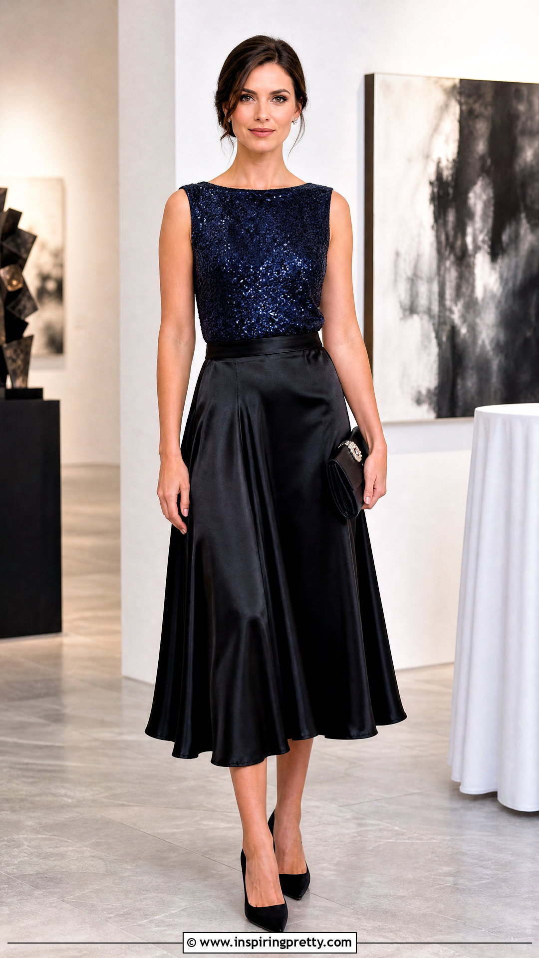 Blue Glitter Top With Satin Midi Skirt - 50 glitter tops outfit ideas