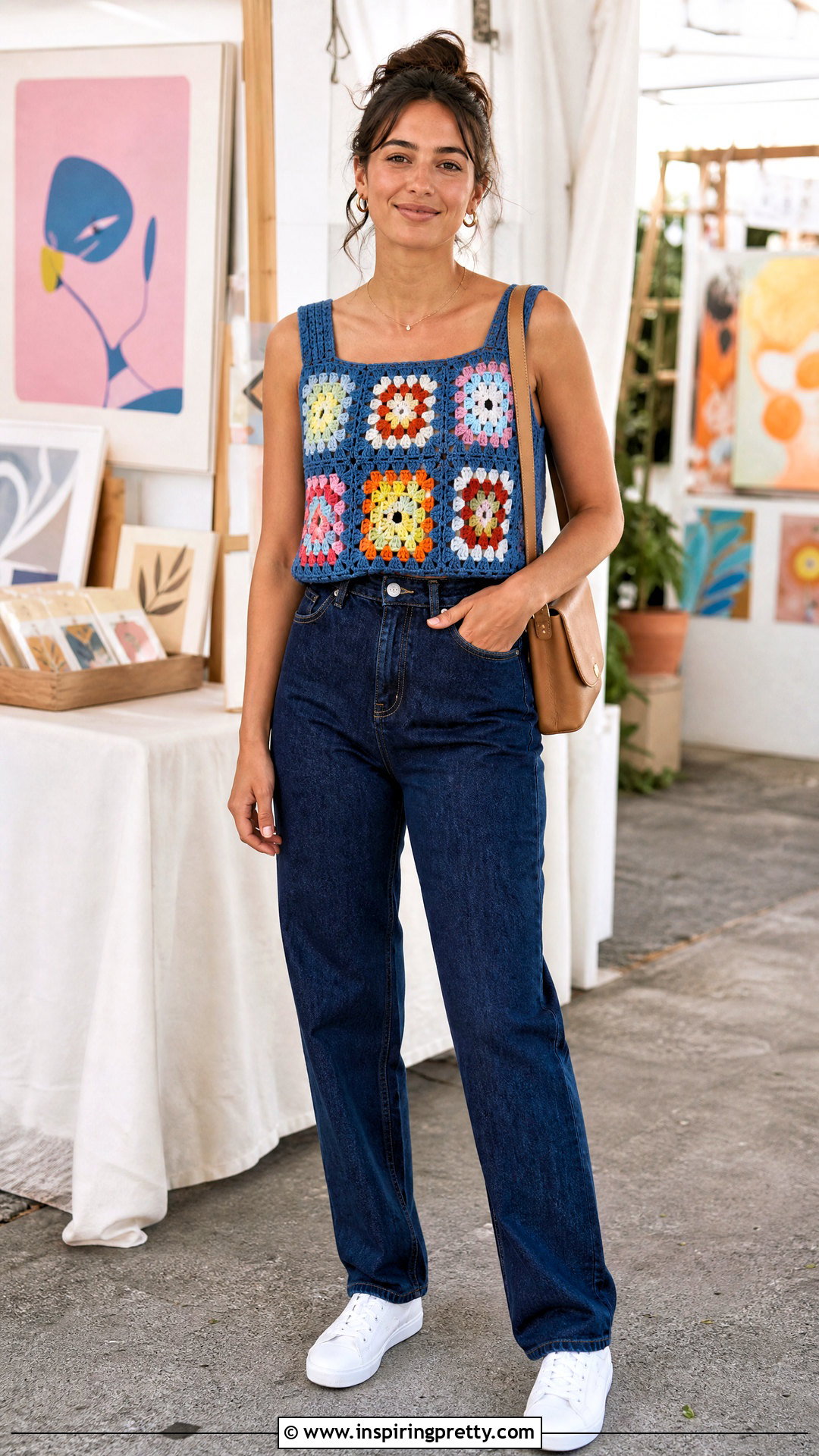 Blue Granny Square Top With High Waisted Jeans - 50 blue crochet top outfit ideas