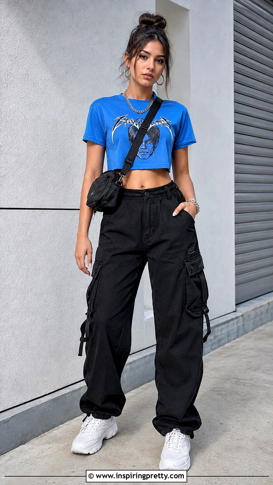 Blue Graphic Crop Top With Black Cargo Pants - 25 blue graphic crop top outfit ideas