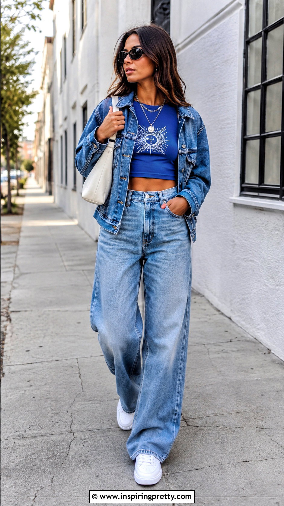 Blue Graphic Crop Top With Double Denim - 25 blue graphic crop top outfit ideas