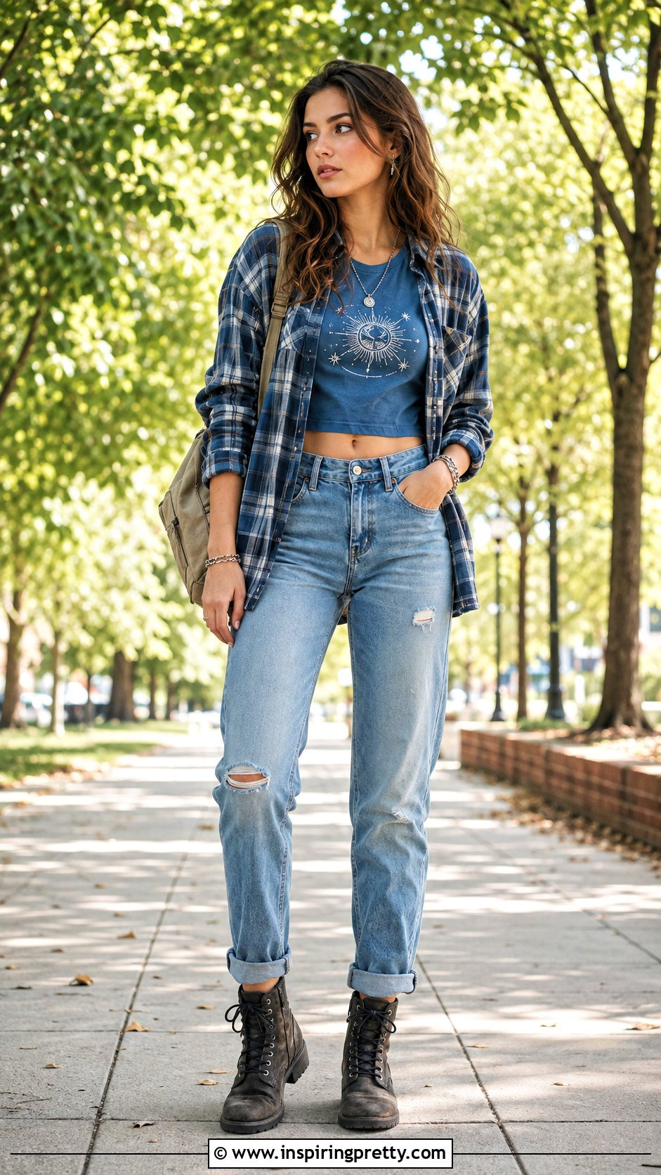 Blue Graphic Crop Top With Flannel And Ripped Jeans - 25 blue graphic crop top outfit ideas
