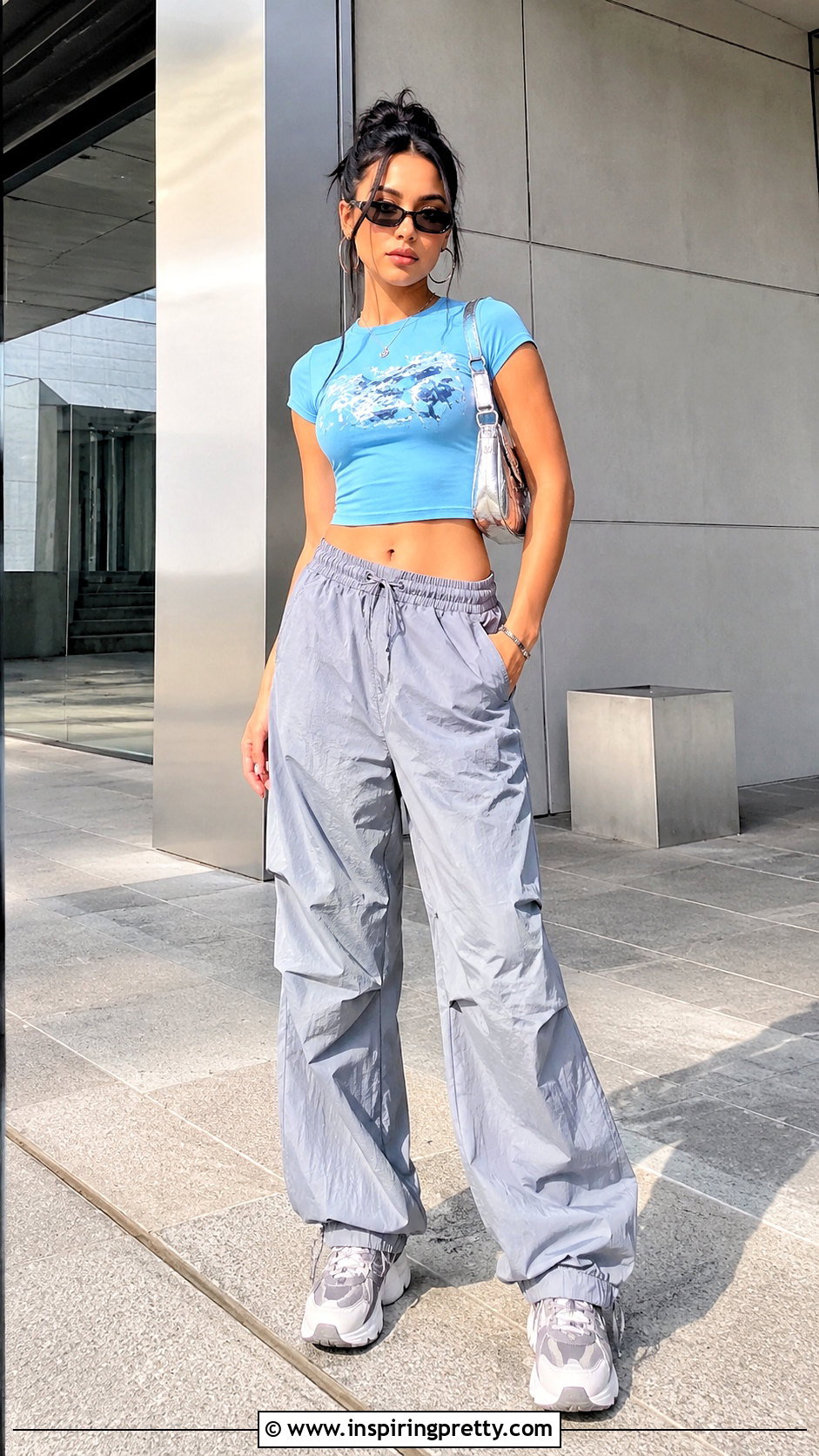 Blue Graphic Crop Top With Gray Parachute Pants - 25 blue graphic crop top outfit ideas