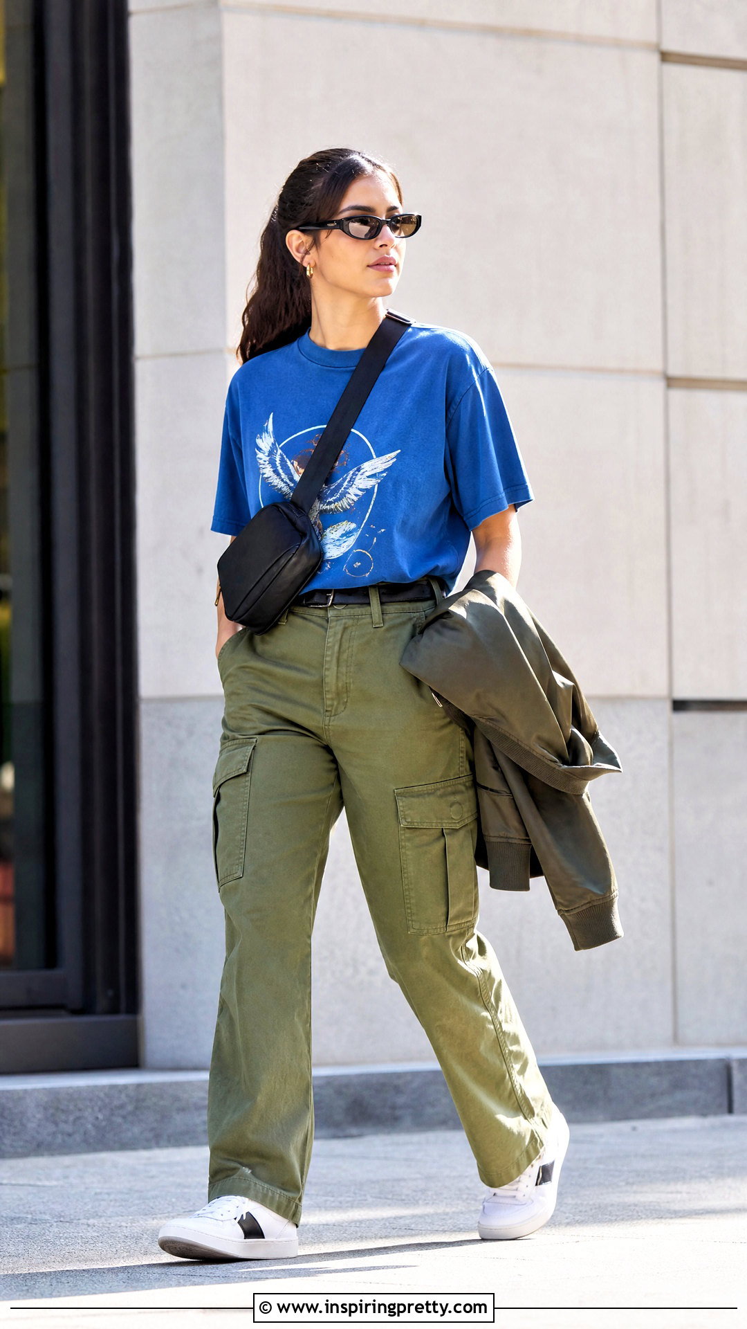 Blue Graphic T Shirt With Cargo Pants - 20 blue top fashion style ideas