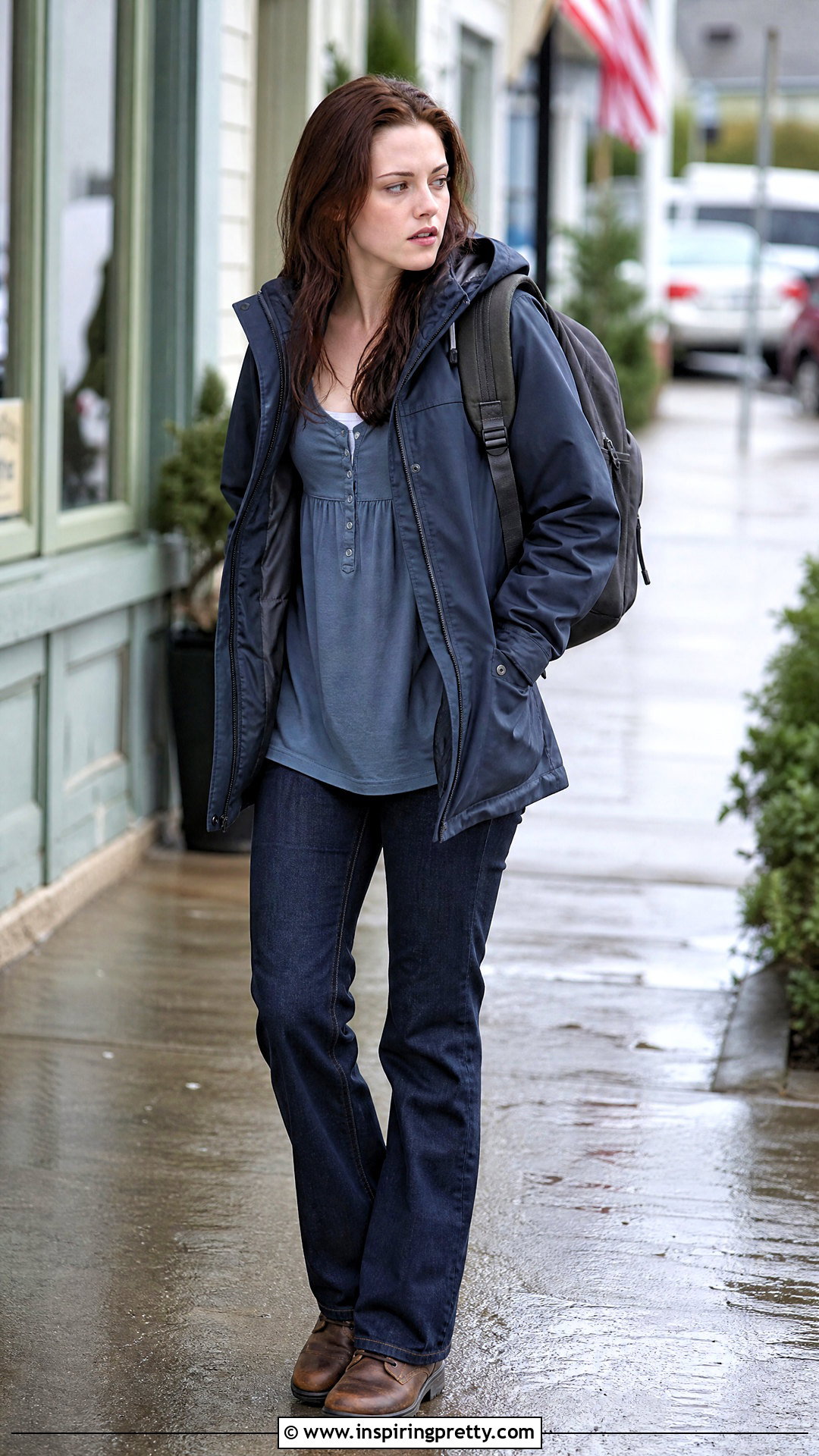 Blue Gray Bella Swan Babydoll Top With Rain Jacket And Jeans - 25 bella swan babydoll top outfit ideas