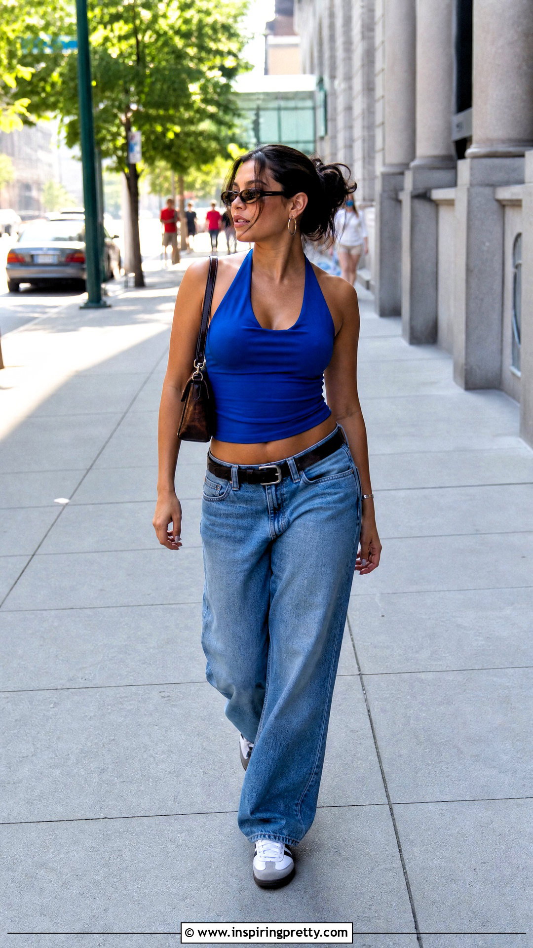 Blue Halter Tank Top With Baggy Jeans - 50 halter tank top outfit ideas