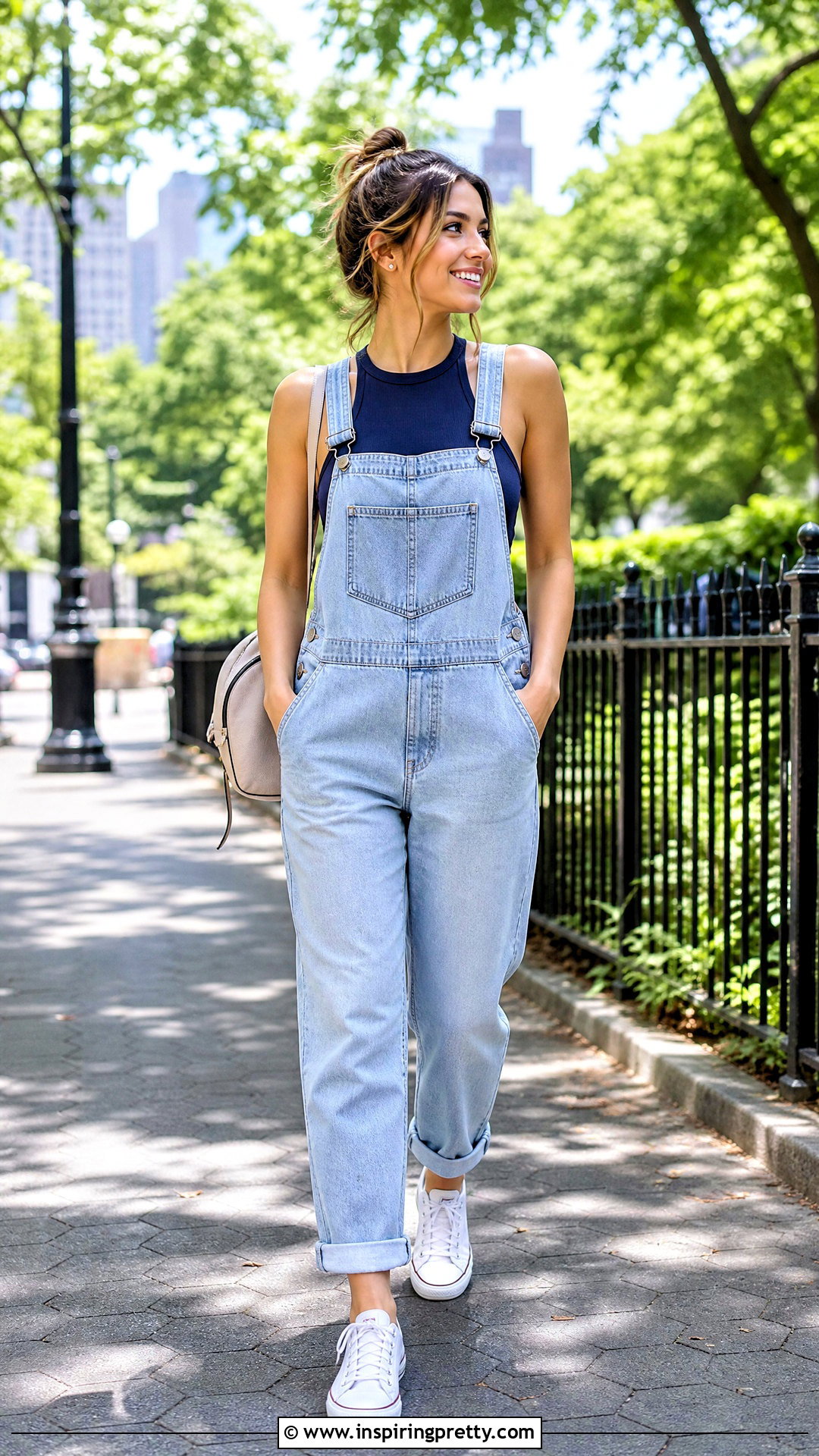Blue Halter Top With Denim Overalls - 50 blue halter top outfit ideas