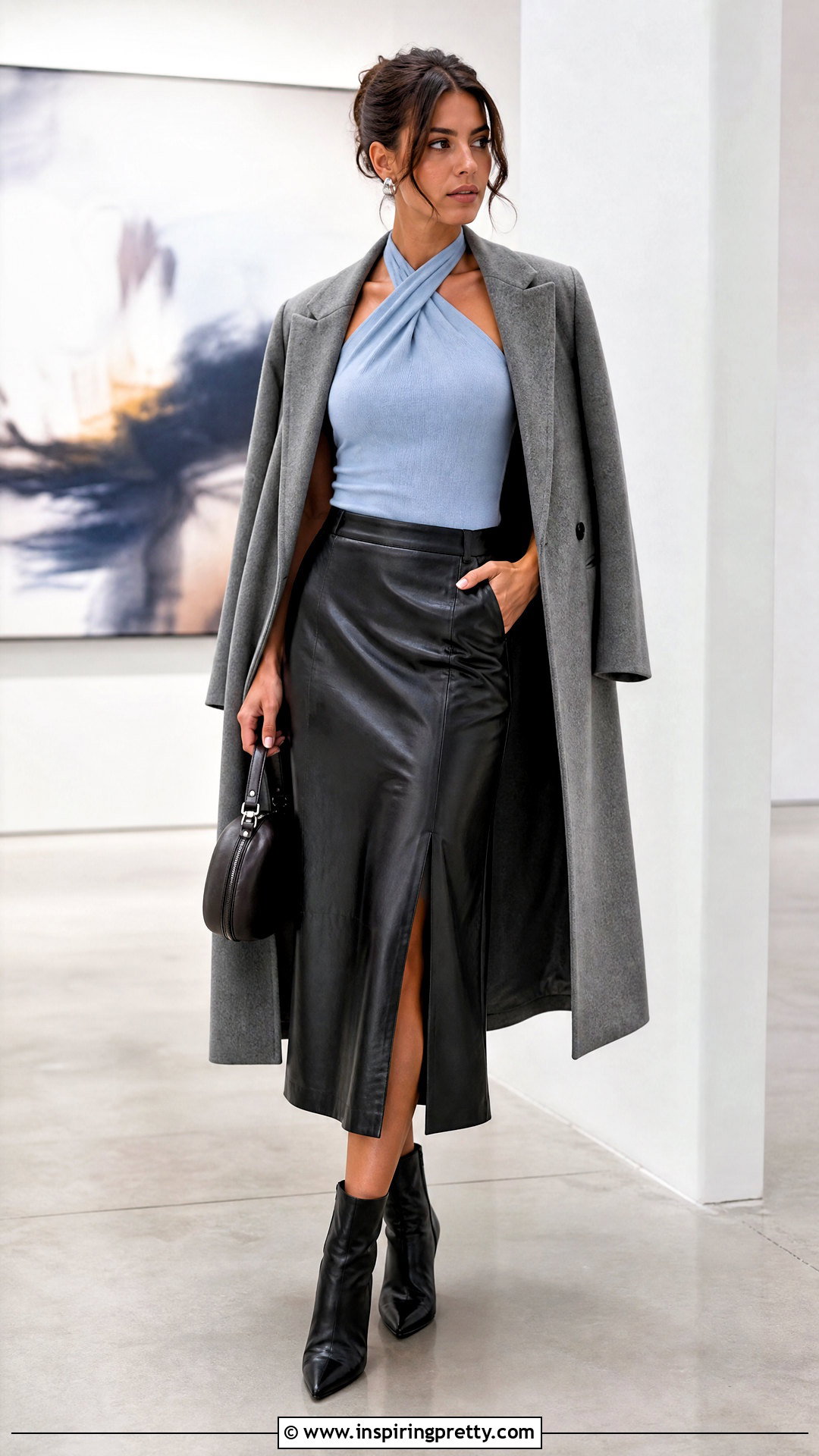 Blue Halter Top With Faux Leather Midi Skirt - 50 blue halter top outfit ideas