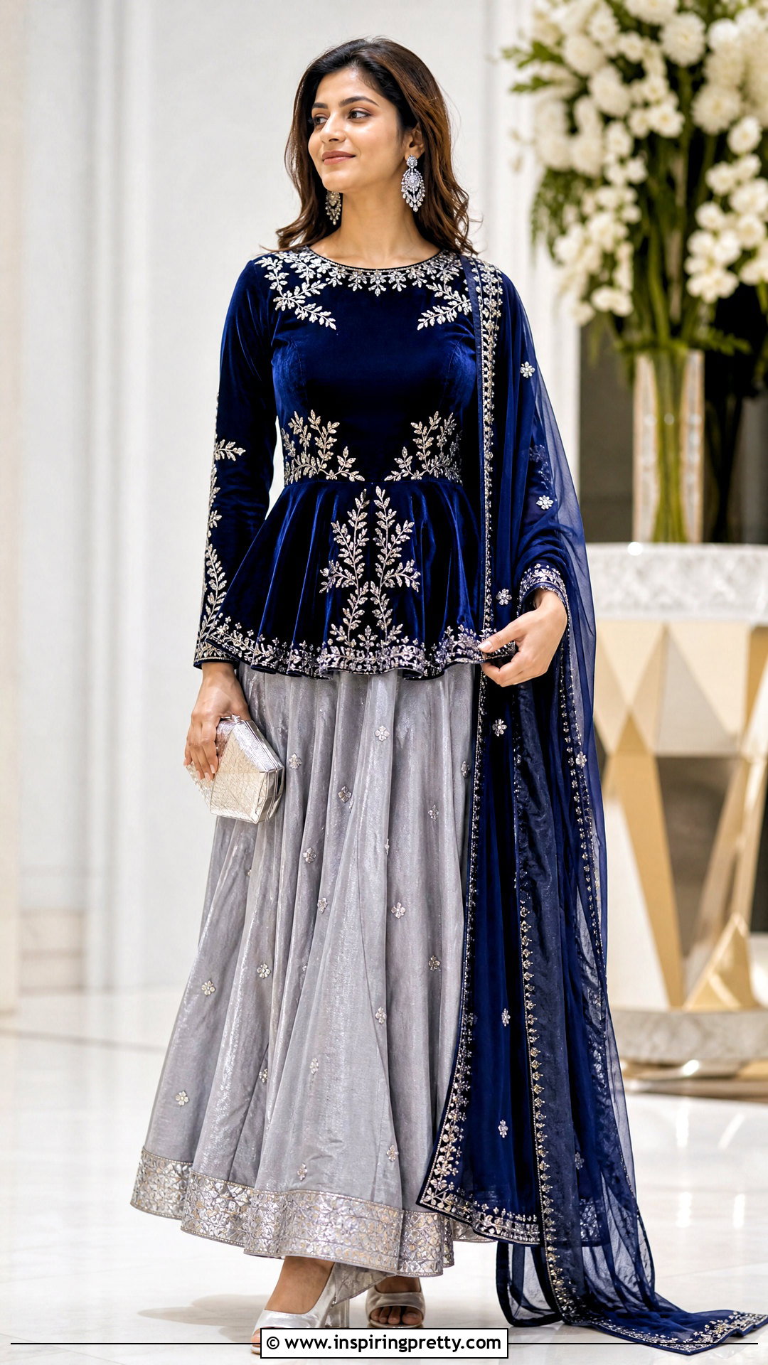 Blue Indian Peplum Top With Silver Lehenga - 50 indian peplum top outfits