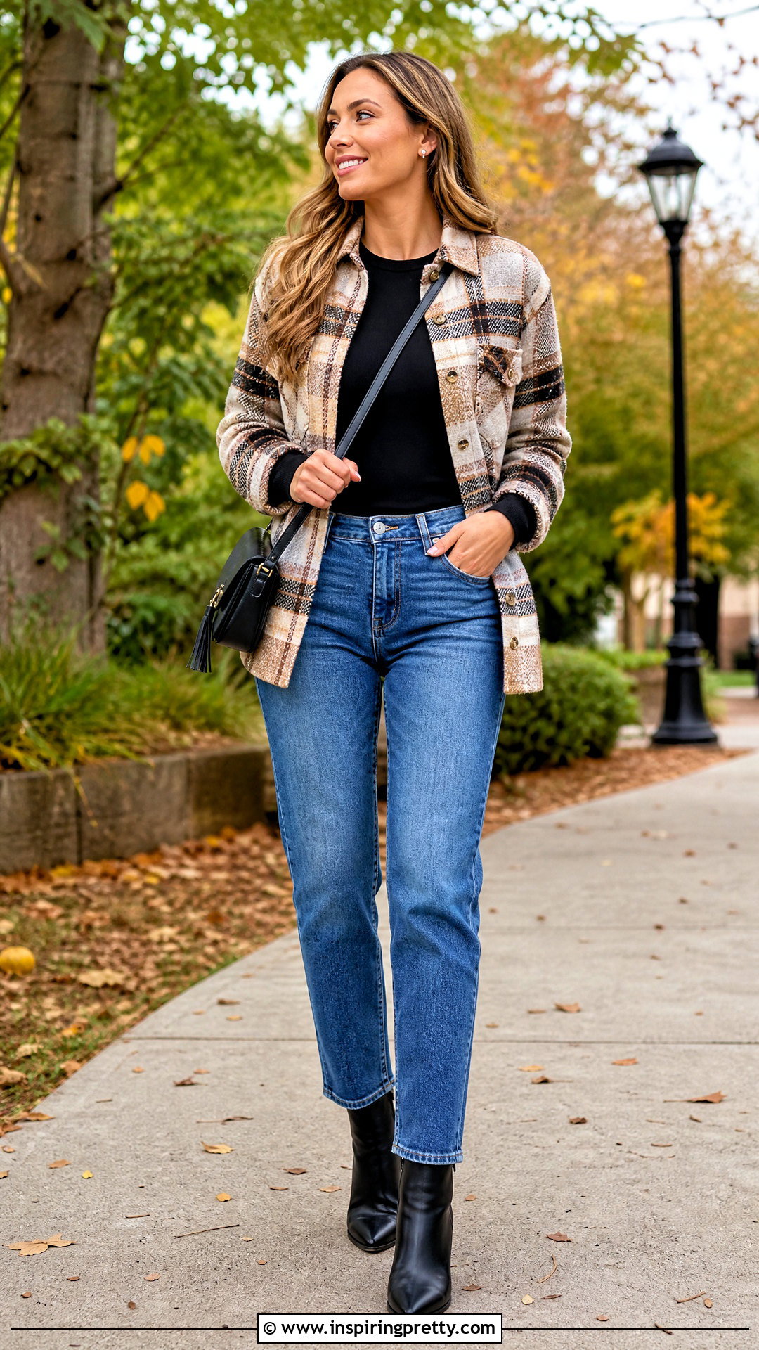 Blue Jeans And Black Top With Plaid Shacket Outfit - 50 blue jeans and black top outfit ideas
