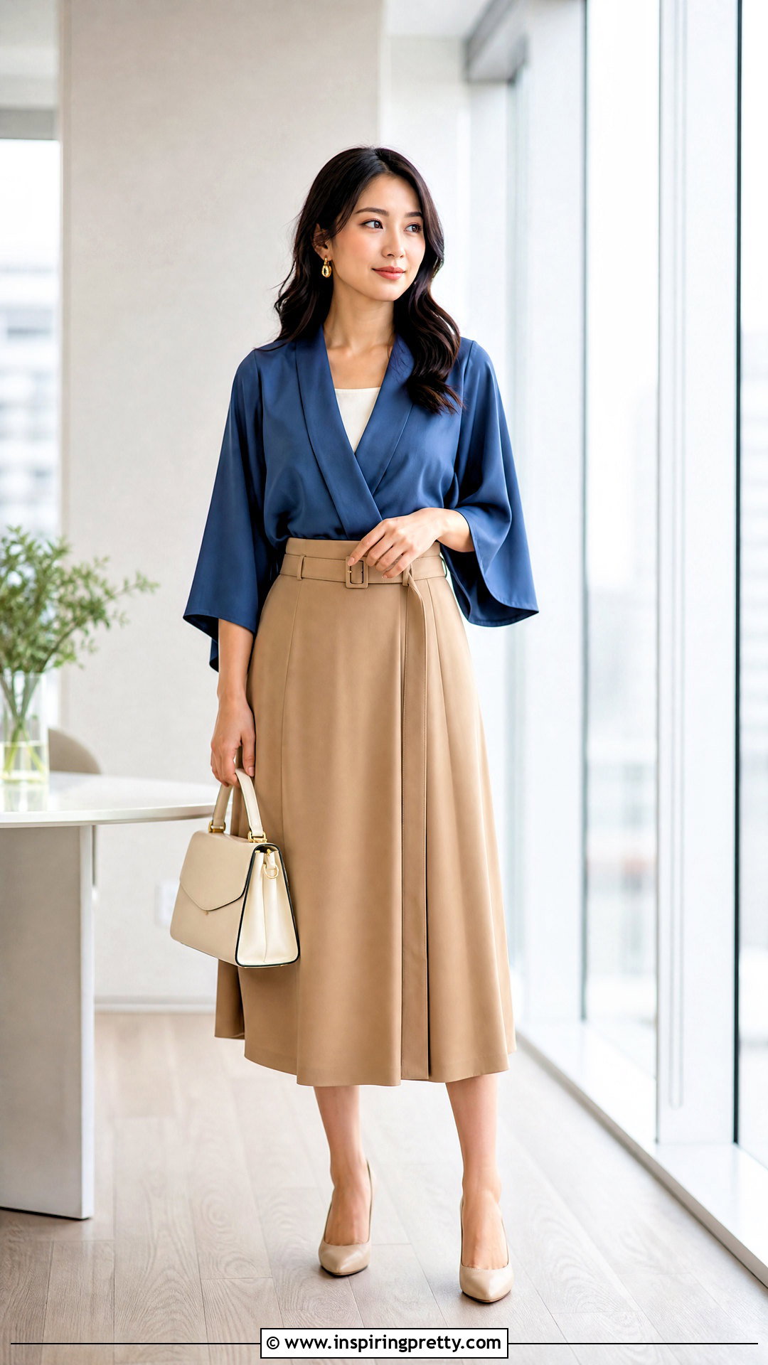 Blue Kimono Top With A Belted Midi Skirt - 25 Blue Kimono Top outfit ideas