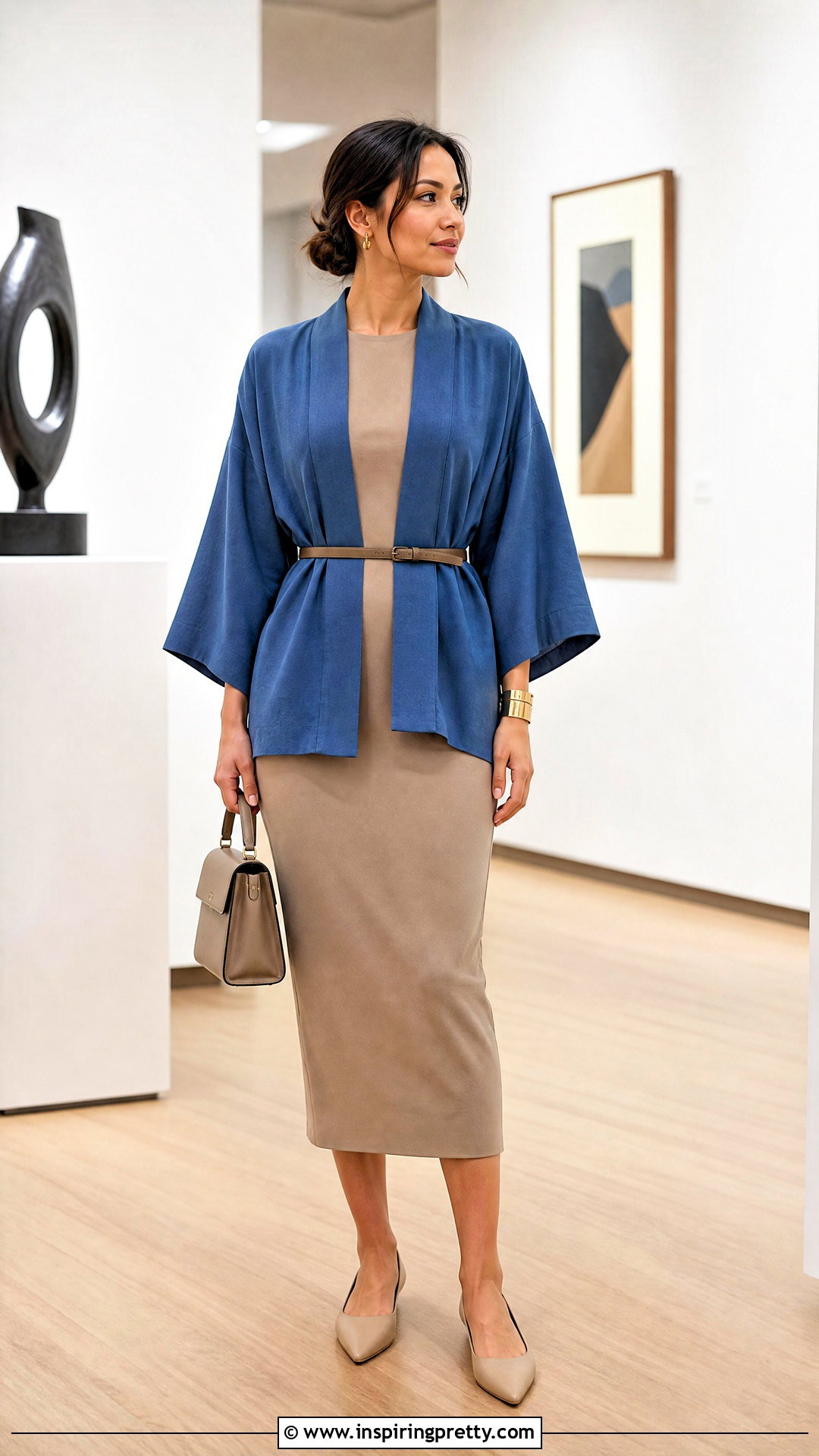 Blue Kimono Top With A Neutral Column Dress - 25 Blue Kimono Top outfit ideas