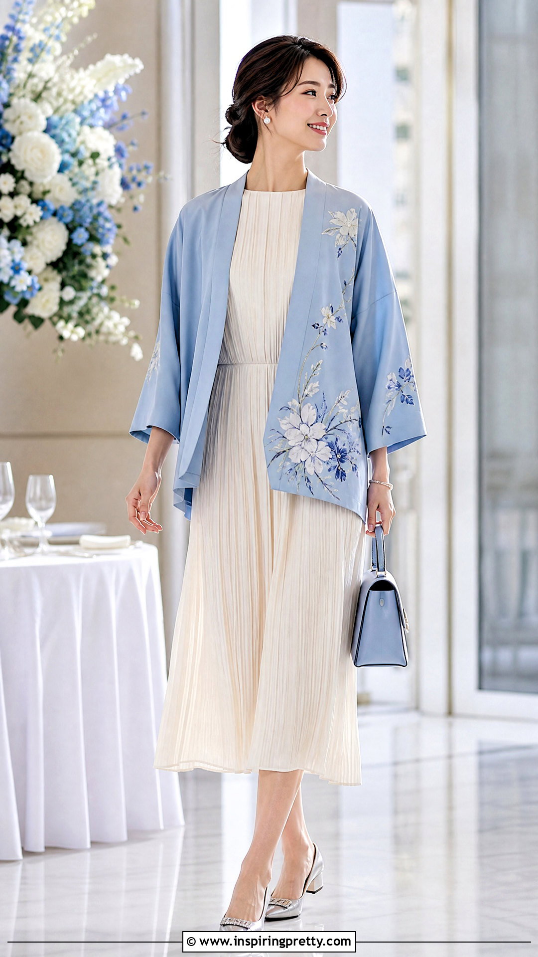 Blue Kimono Top With A Pleated Midi Dress - 25 Blue Kimono Top outfit ideas