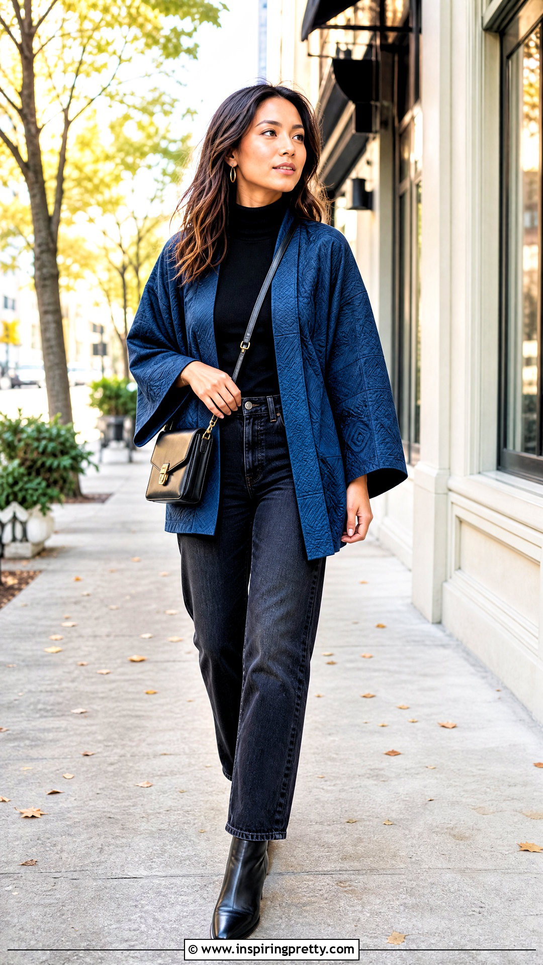 Blue Kimono Top With A Turtleneck And Jeans - 25 Blue Kimono Top outfit ideas