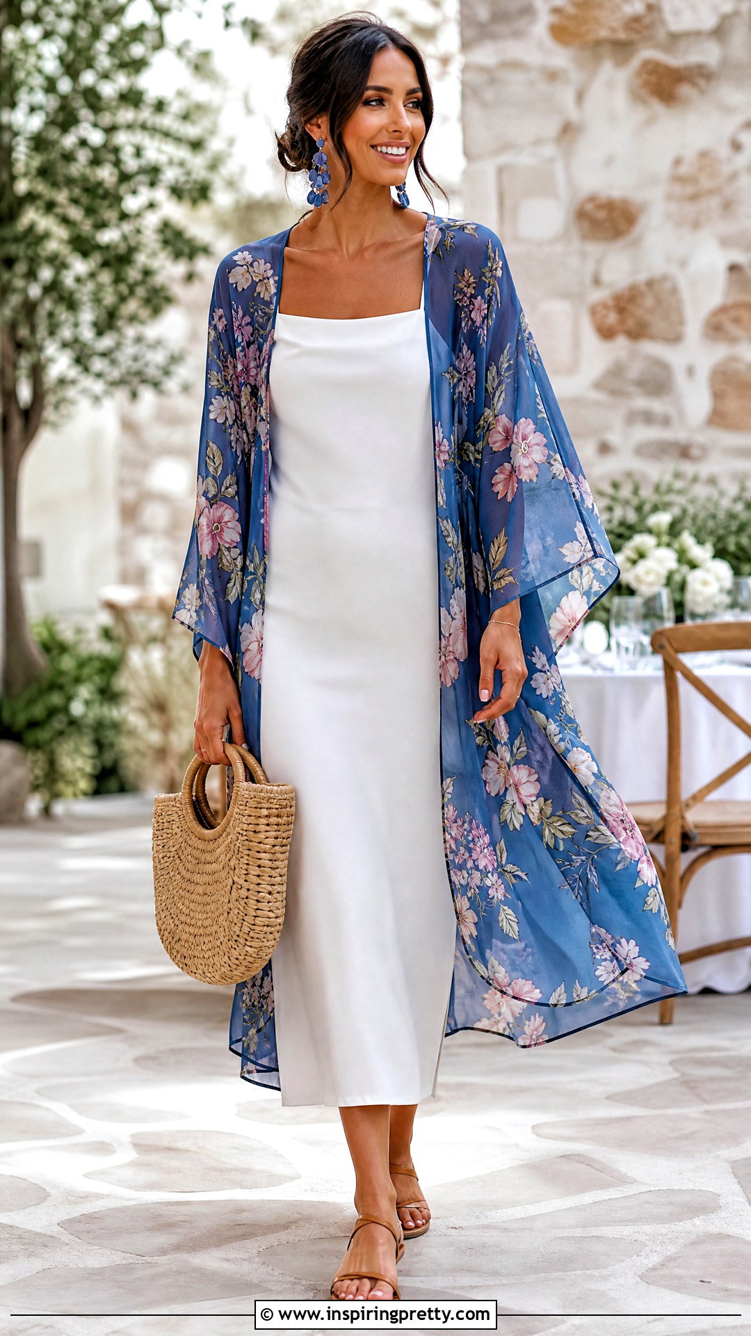 Blue Kimono Top With A White Midi Dress - 25 Blue Kimono Top outfit ideas