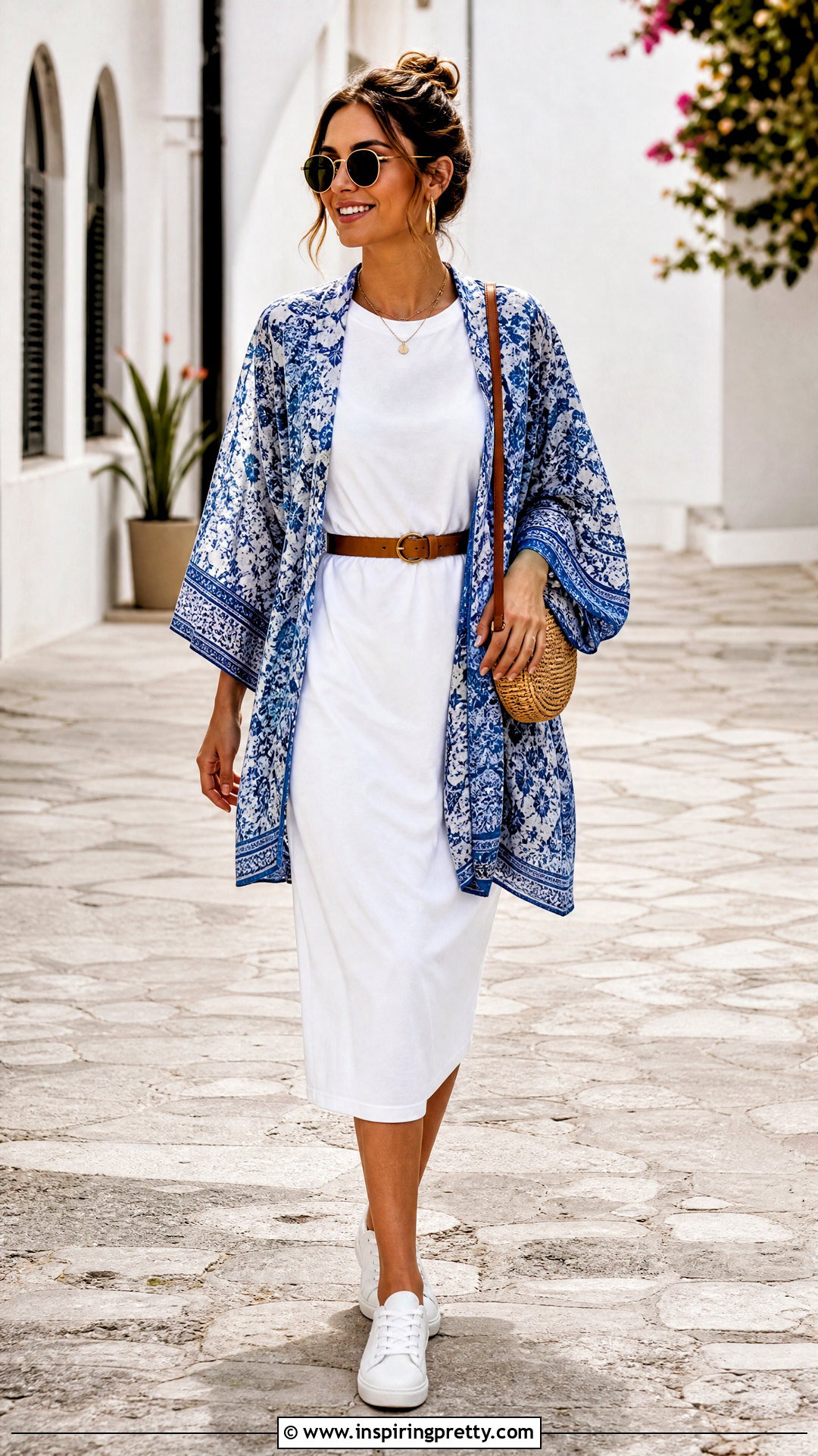Blue Kimono Top With A White T Shirt Dress - 25 Blue Kimono Top outfit ideas