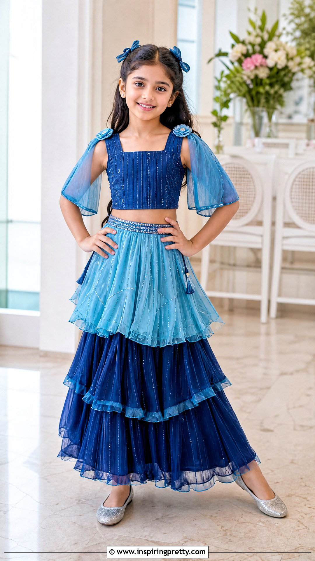 Blue Layered Kids Crop Top Lehenga - 50 kids crop top lehenga designs