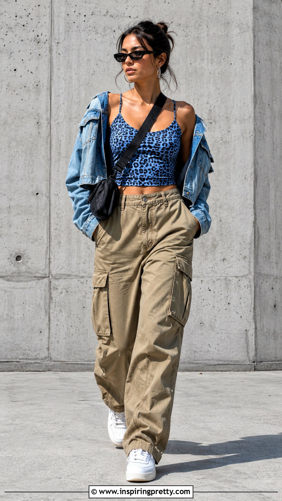 Blue Leopard Print Tank Top With Khaki Cargo Pants - 20 blue leopard print tank top outfit ideas