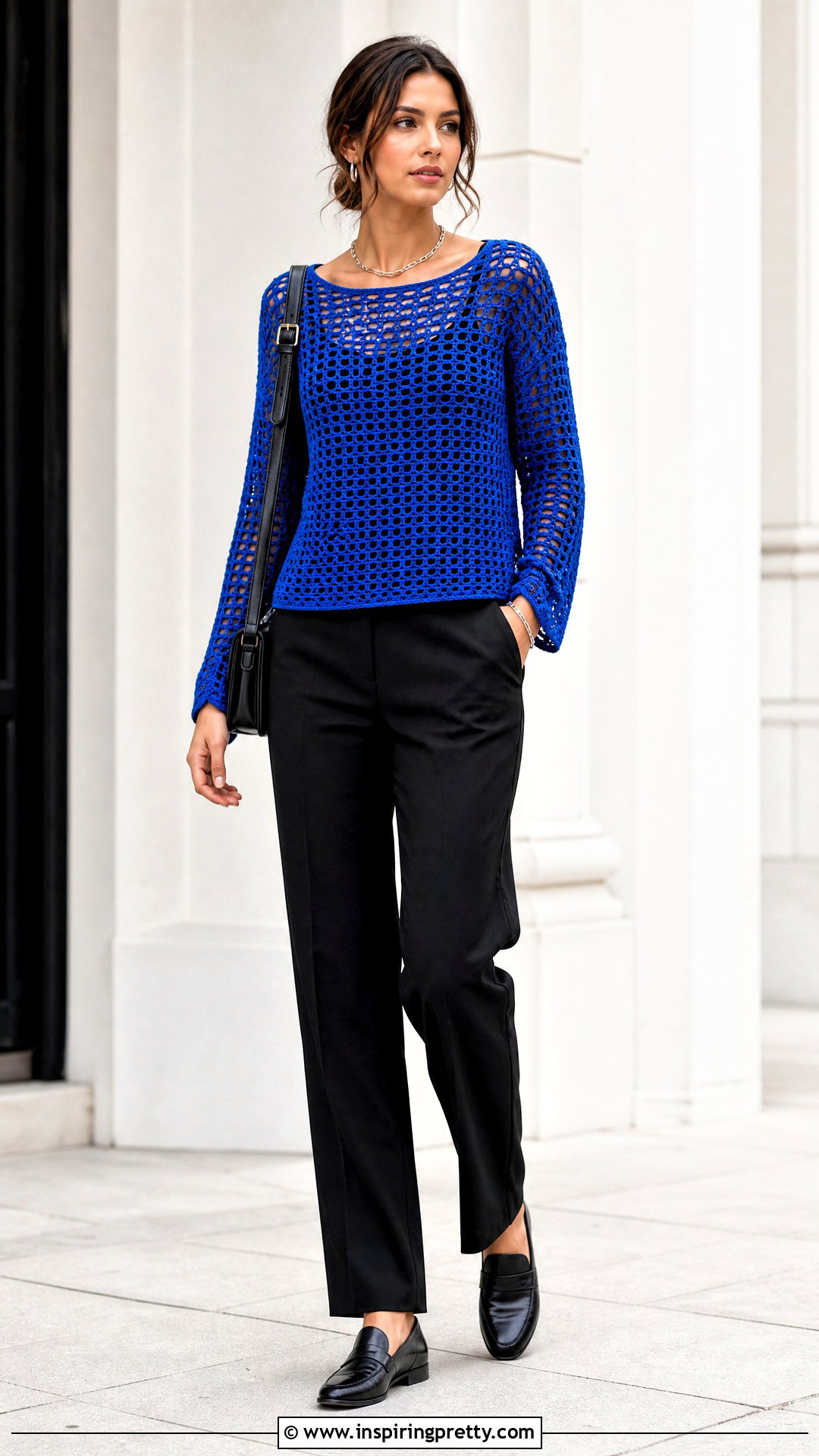 Blue Long Sleeve Crochet Top With Black Pants - 50 blue crochet top outfit ideas