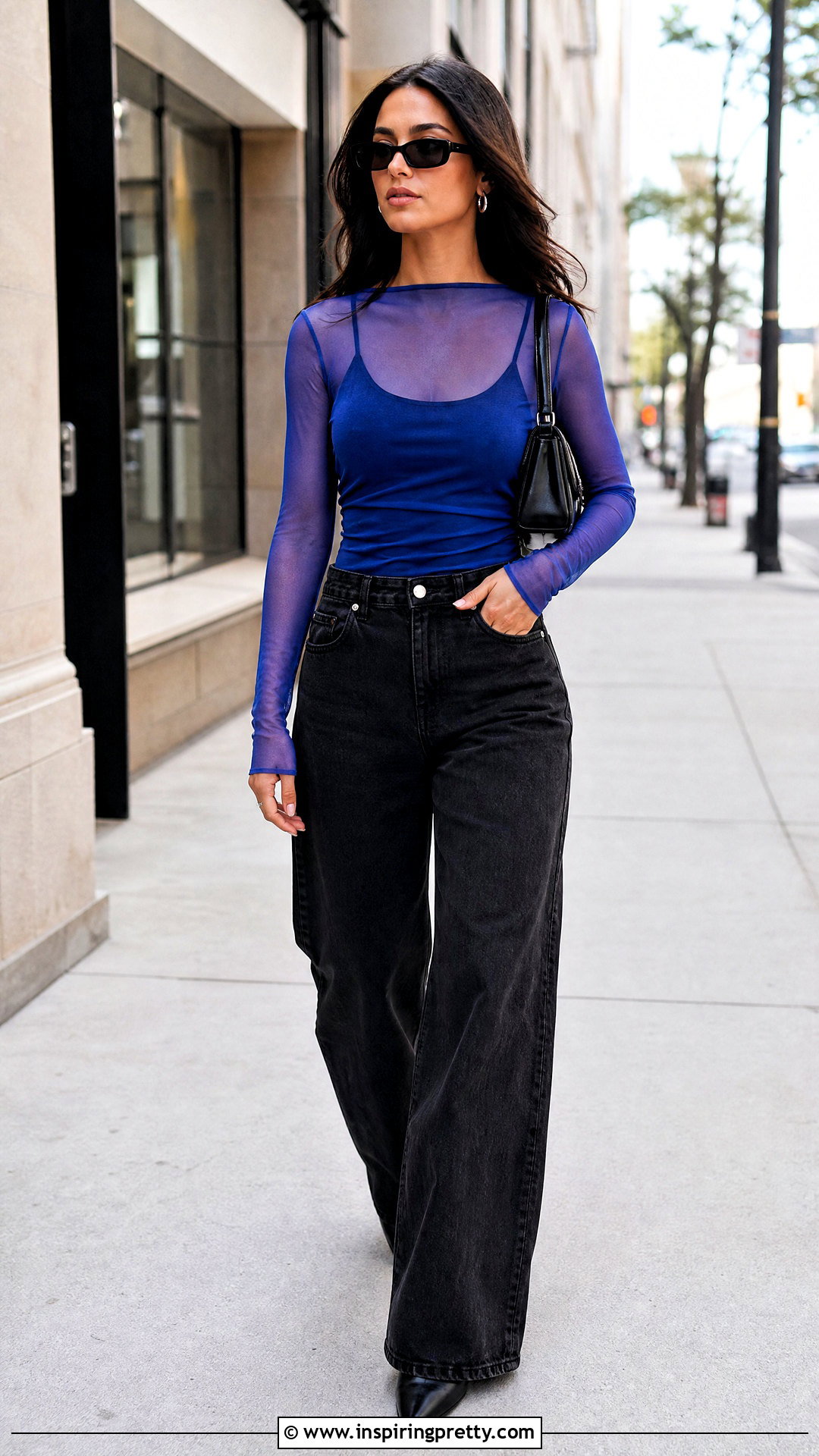 Blue Mesh Top With Black Wide Leg Jeans - 20 Blue Mesh Top Long Sleeve outfits