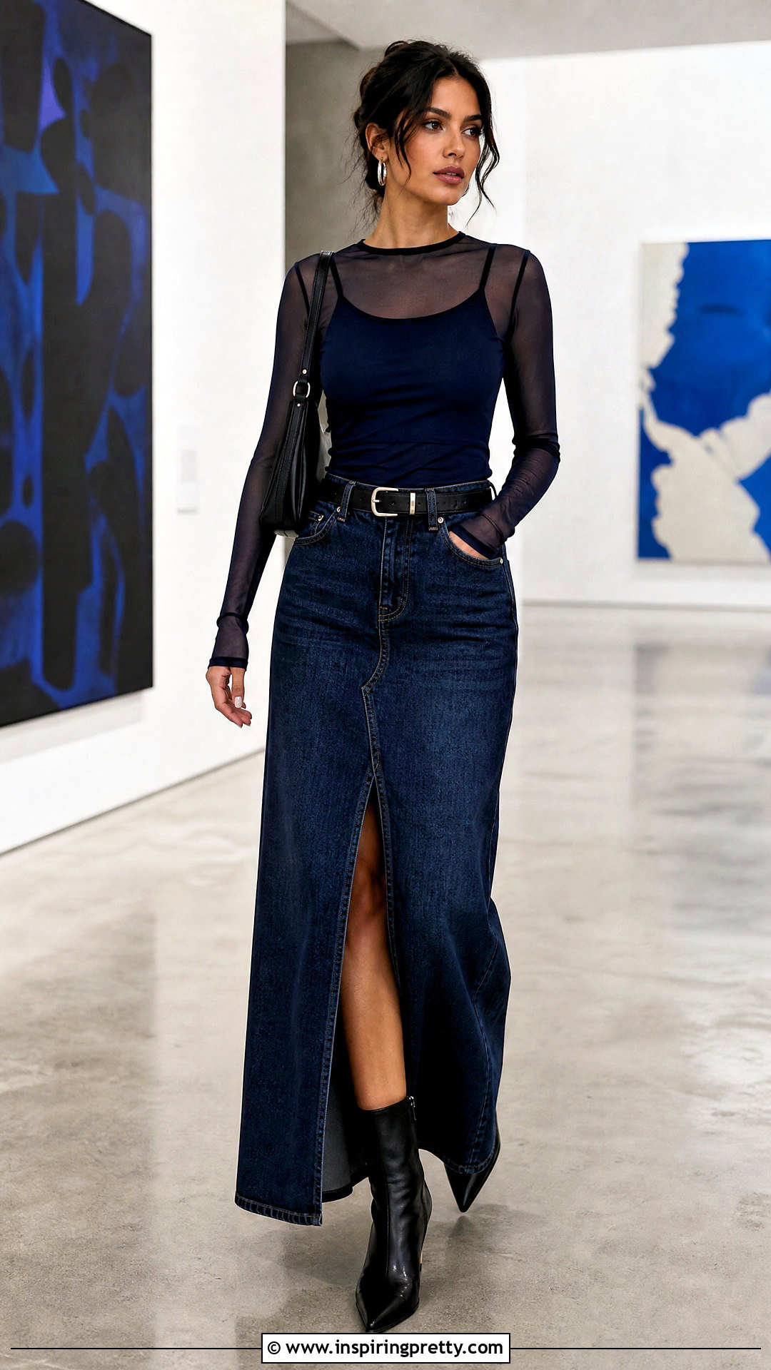 Blue Mesh Top With Dark Denim Maxi Skirt - 20 Blue Mesh Top Long Sleeve outfits