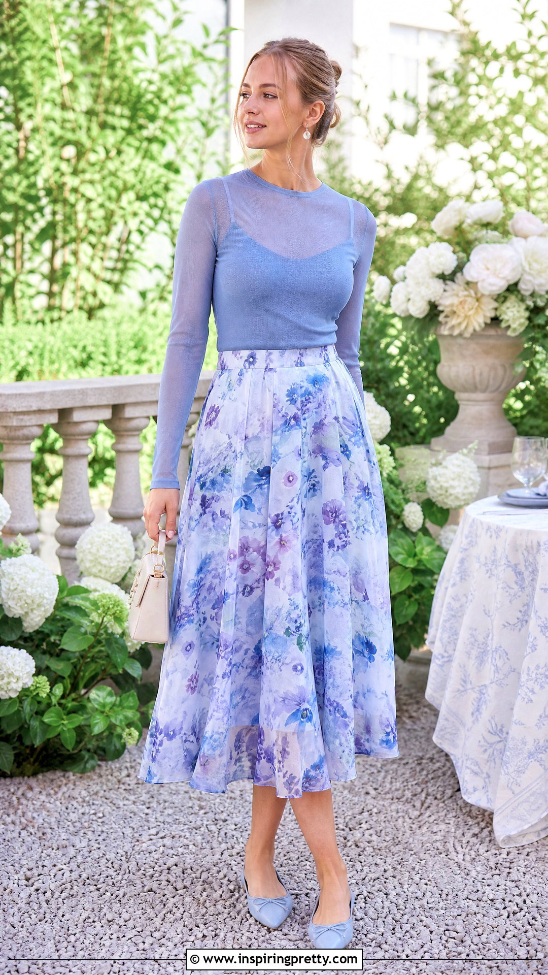 Blue Mesh Top With Floral Midi Skirt - 20 Blue Mesh Top Long Sleeve outfits