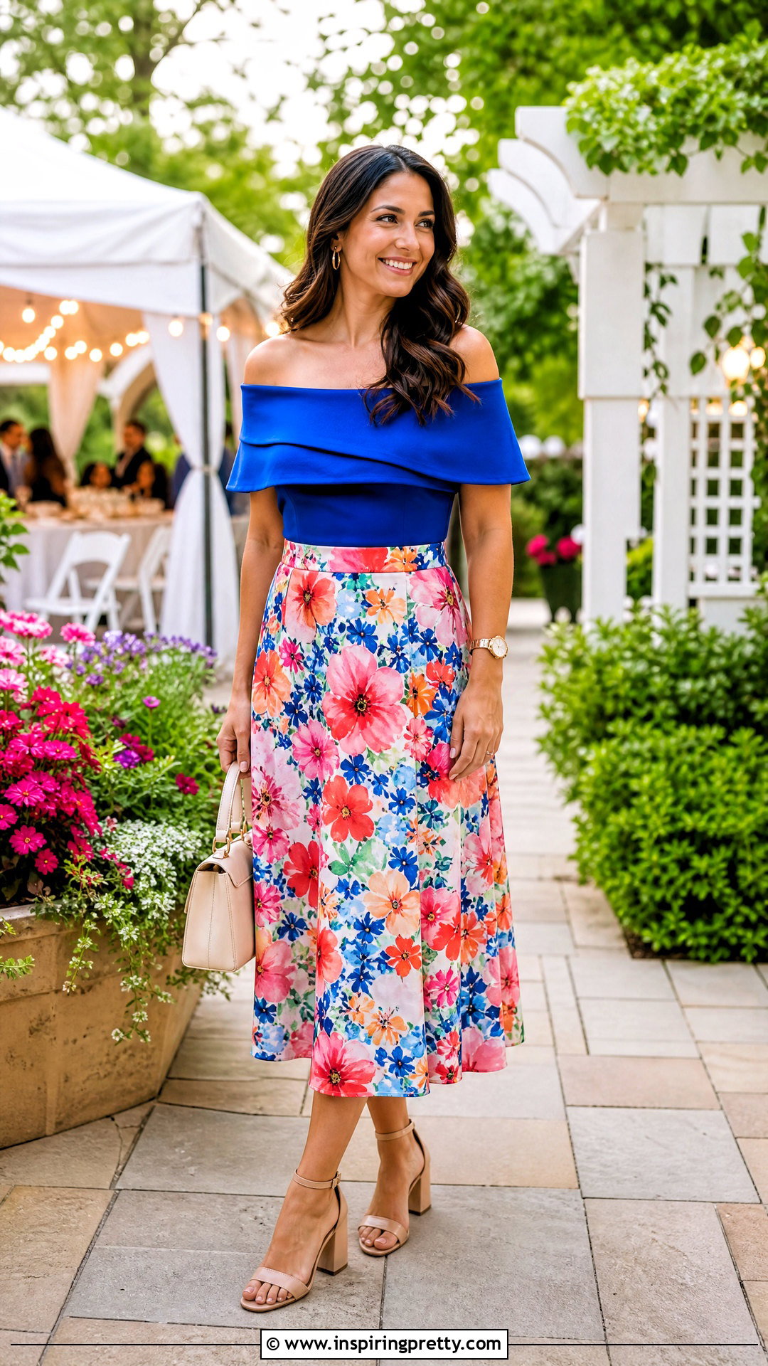 Blue Off Shoulder Top With Floral Midi Skirt - 50 off shoulder top with skirt outfit ideas