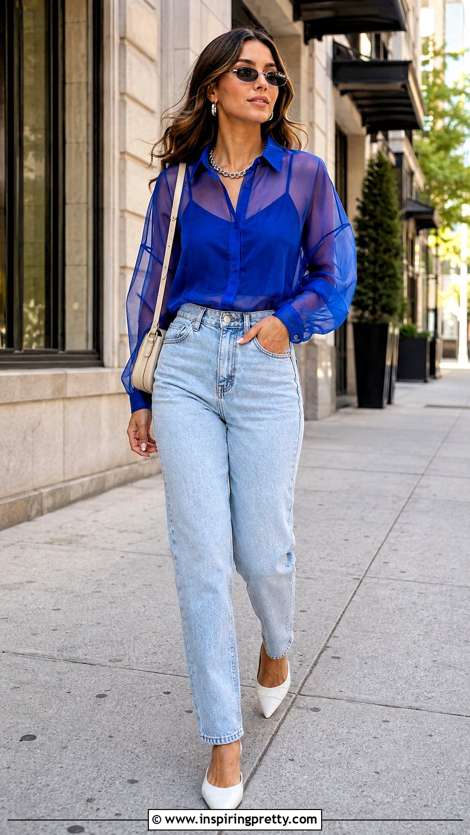 Blue Organza Top With High Waisted Jeans - 50 Organza Top Outfit ideas