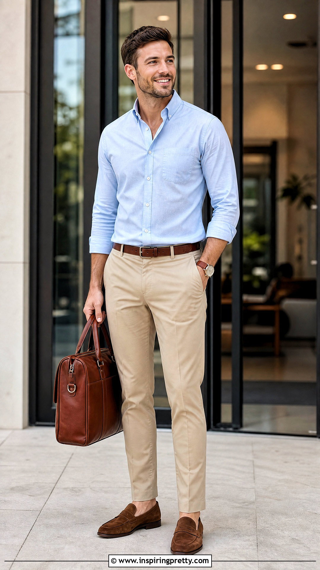Blue Oxford Shirt With Khaki Pants - 50 mens tops outfit ideas
