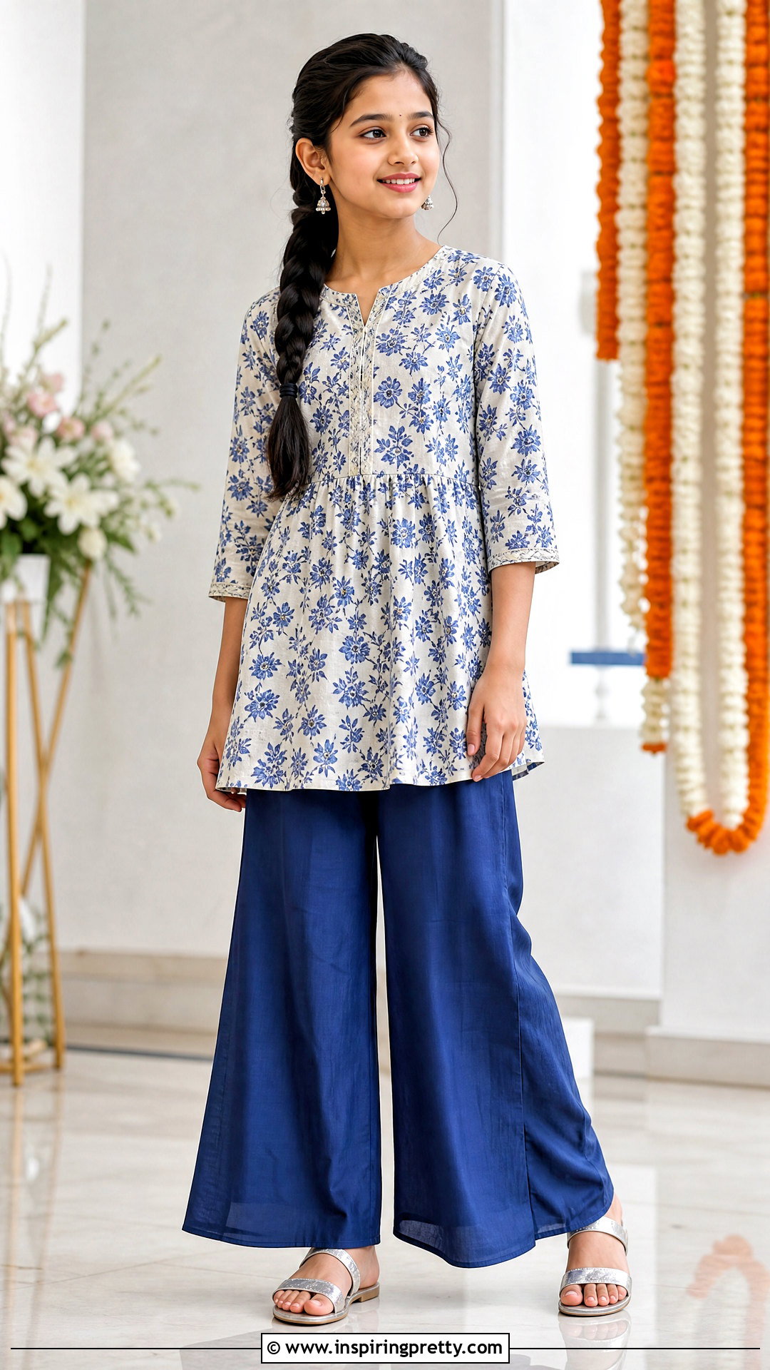 Blue Palazzo With Printed Short Kurti - 50 kids plazo with tops