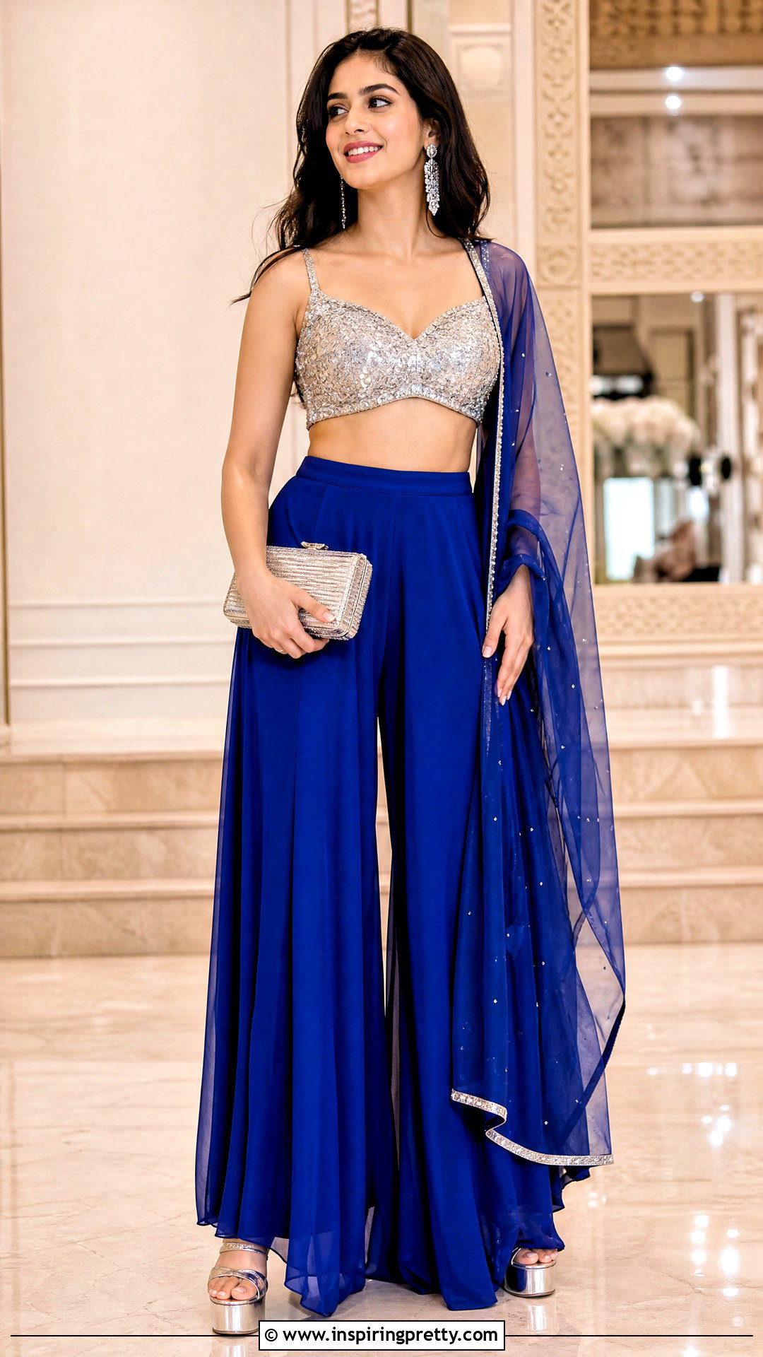 Blue Palazzo With Silver Crop Top And Dupatta - 20 plazzo with crop top and dupatta outfit ideas
