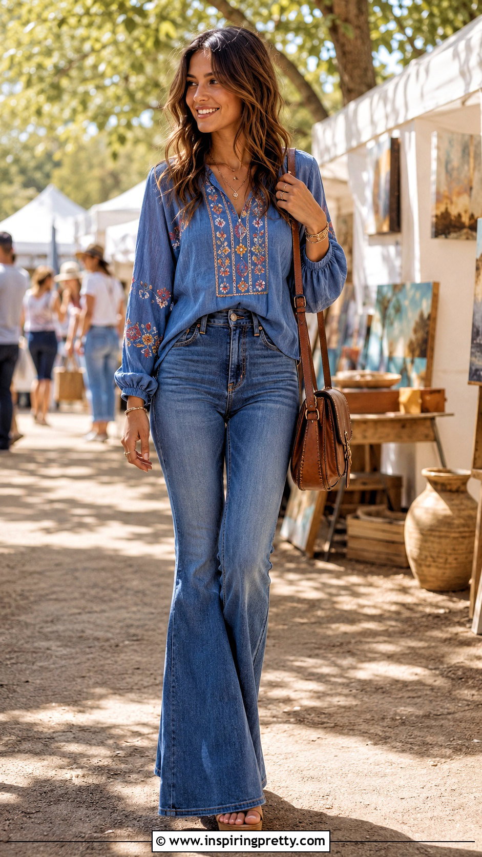 Blue Peasant Top With Flared Jeans - 50 pretty tops outfit ideas
