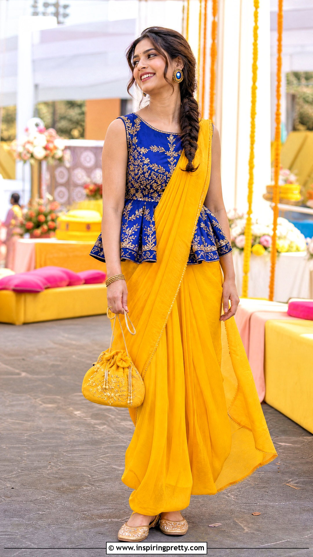 Blue Peplum Top With Yellow Saree - 20 peplum top with saree outfit ideas