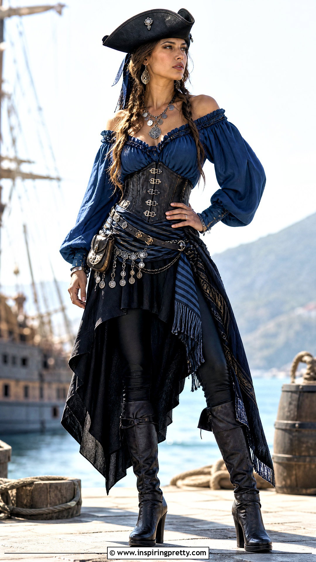 Blue Pirate Blouse With Black High Low Skirt - 25 female pirate top outfit ideas