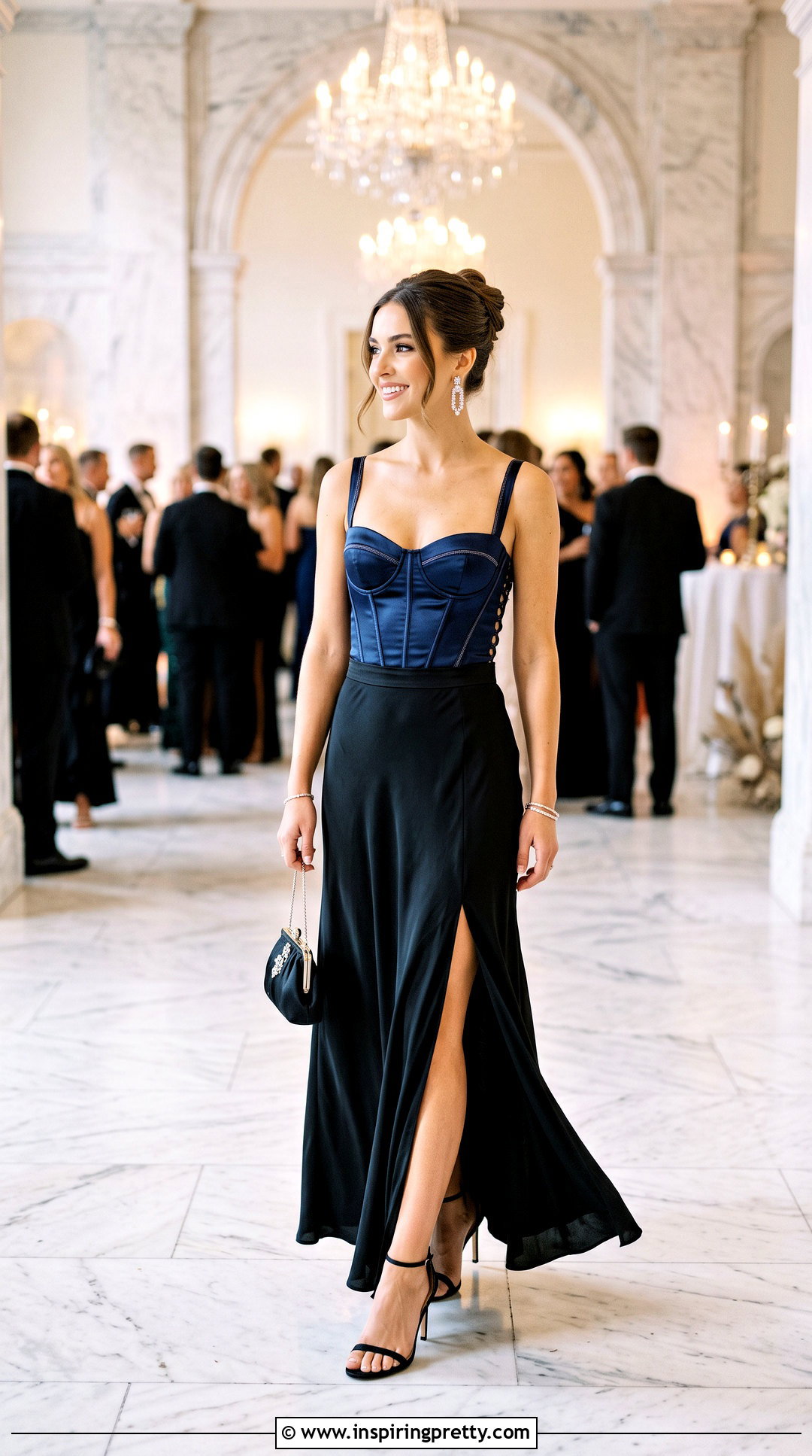 Blue Satin Corset Top With Black Maxi Skirt - 25 Blue Satin Corset Top outfit ideas