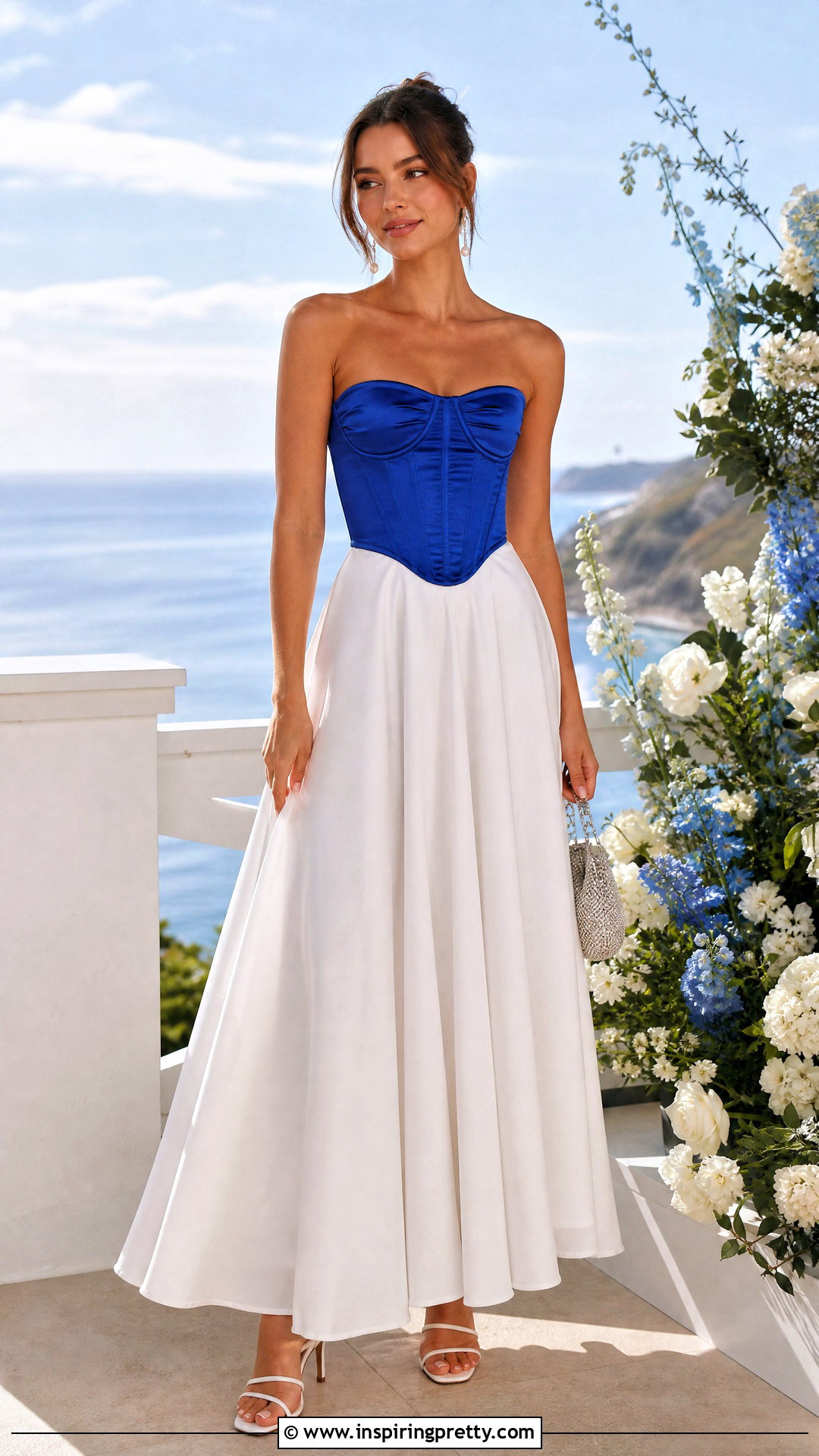 Blue Satin Corset Top With White Maxi Skirt - 25 Blue Satin Corset Top outfit ideas